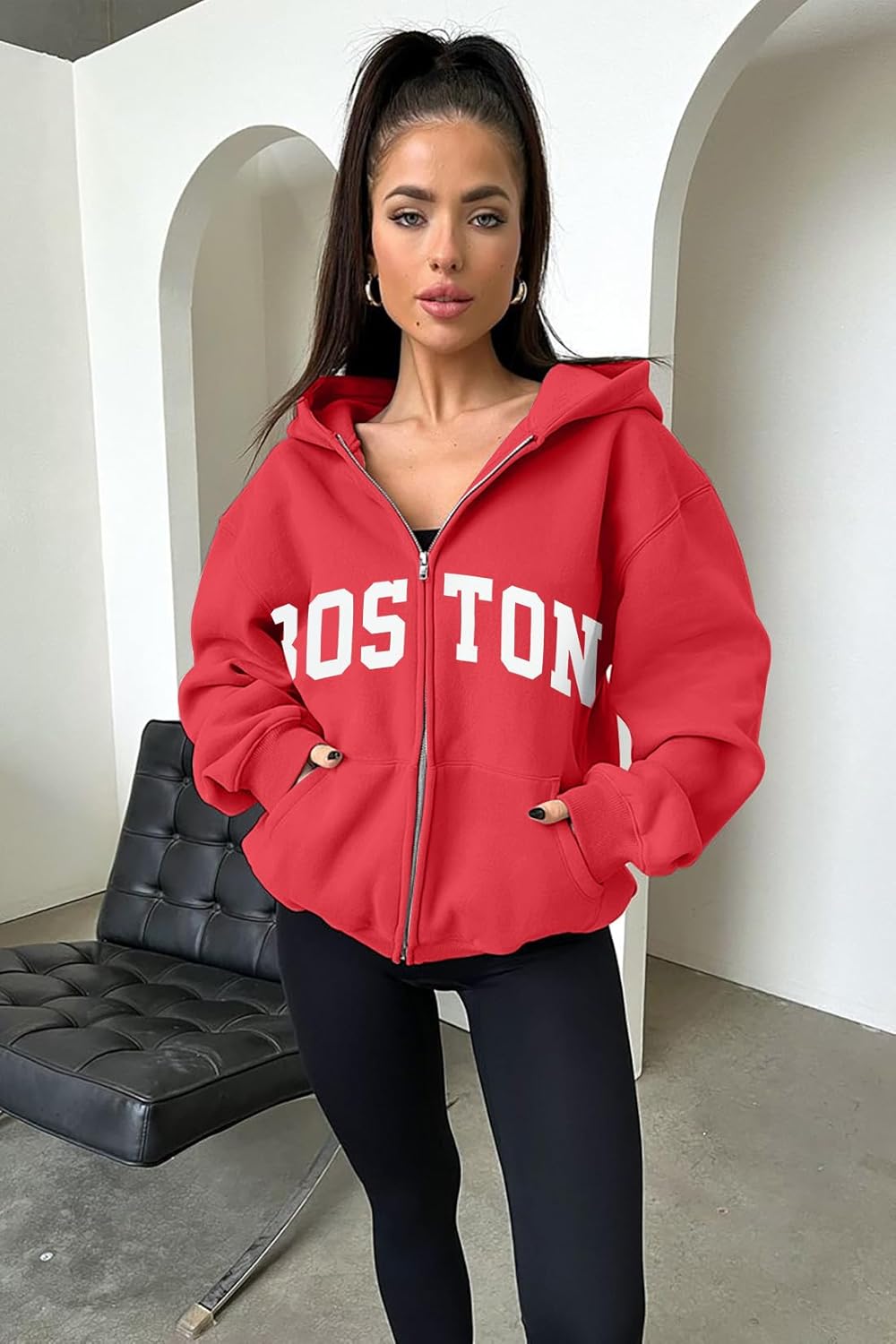 FASHGL Oversized Zip Up Hoodies for Women Casual Graphic Long Sleeve Sweatshirts Fall Spring Track Jackets with Pockets - Image 3