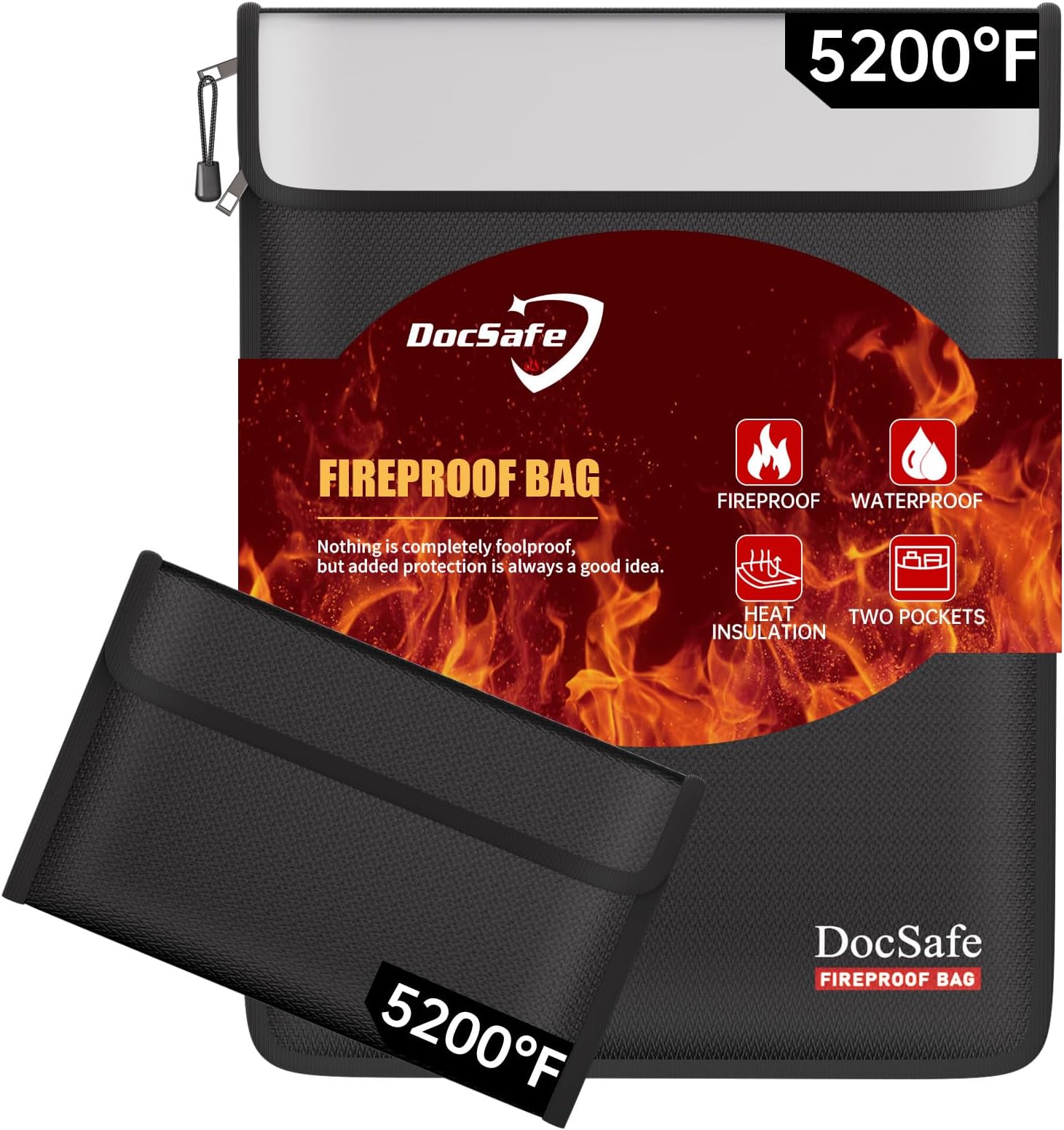 DocSafe Fireproof Document Bag (5200℉) with Fireproof Organizer Travel Case,Heat Insulated Fire&Water Resistant 8 Layers Safe Money Bag Storage for Important Documents,Cash,Power Bank,Valuables,Black