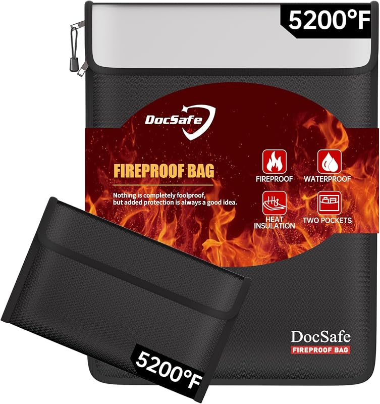 DocSafe Fireproof Document Bag (5200℉) with Fireproof Organizer Travel Case,Heat Insulated Fire＆Water Resistant 8 Layers Safe Money Bag Storage for Important Documents,Cash,Power Bank,Valuables,Black