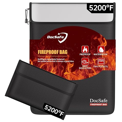 DocSafe Fireproof Document Bag (5200℉) with Fireproof Organizer Travel Case,Heat Insulated Fire＆Water Resistant 8 Layers Safe Money Bag Storage for Important Documents,Cash,Power Bank,Valuables,Black