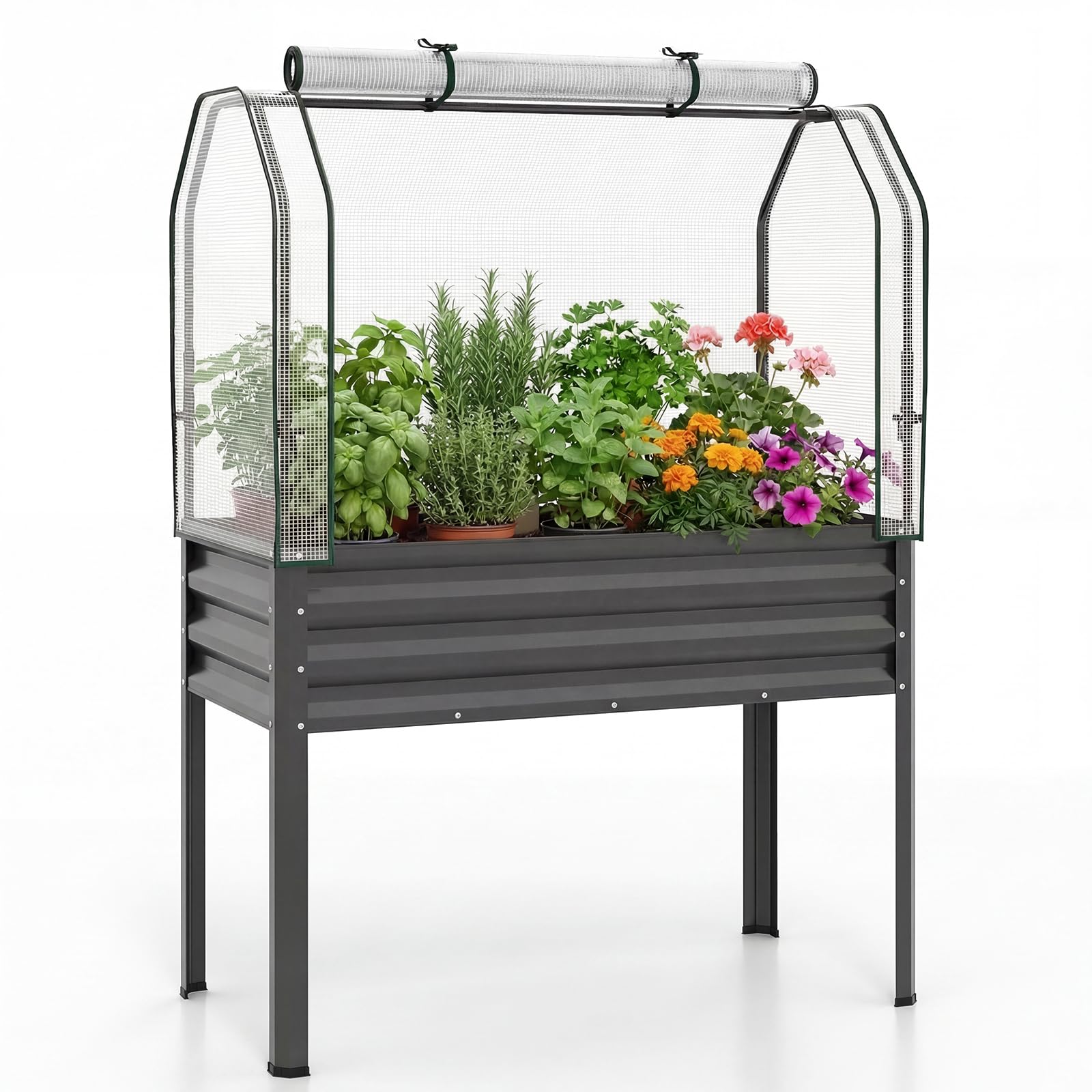 COSTWAY Orto Rialzato da Esterno con Serra, Fioriera Rialzata con Copertura in PE, Porta Avvolgibile con Cerniera e Guanti, Aiuola Rialzata per Verdure, Fiori e Frutta, 112 x 55 x 152 cm (Grigio)