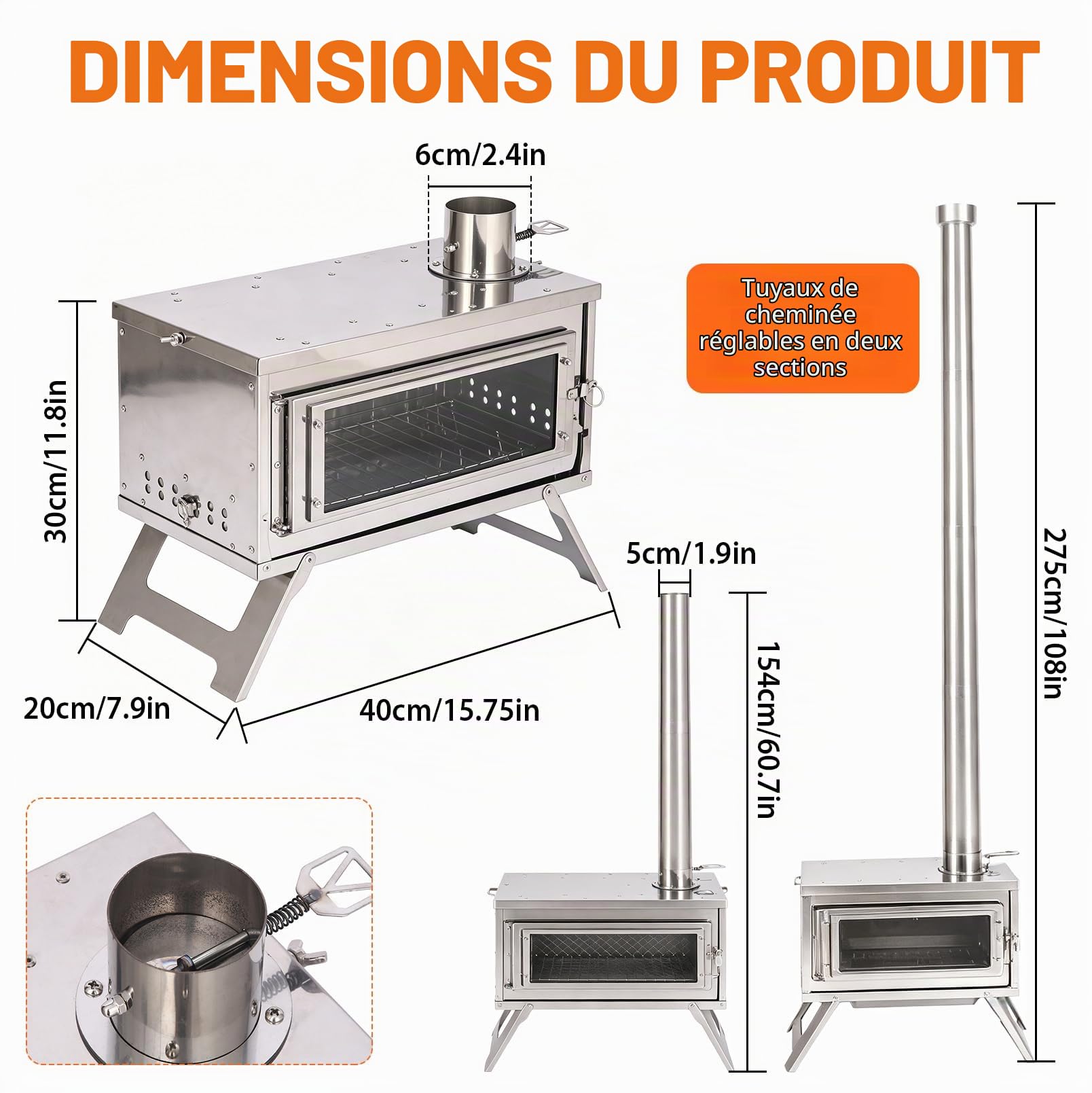 Camp Feuer Four de tente en acier inoxydable avec cheminée, poêle à bois portable avec sac de transport et grille à cendres, réchaud à bois résistant aux hautes températures pour le camping dans la