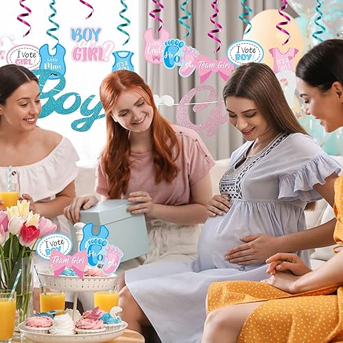 Miniatura 6 de Paquete de 42 decoraciones de fiesta de revelación de género, diseño de remolinos colgantes azules y rosados para niños o niñas, decoración de