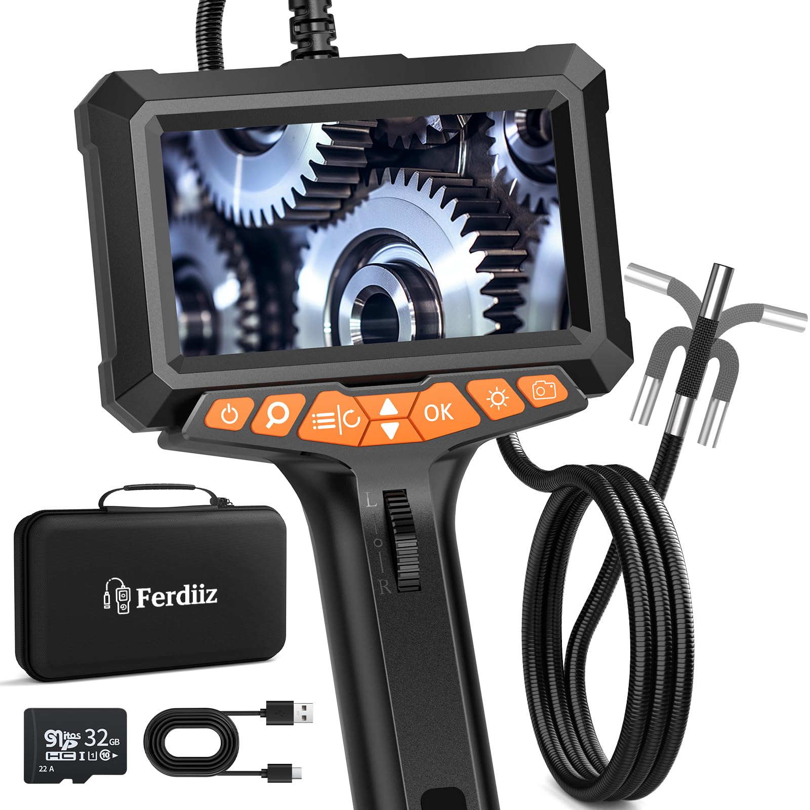 Camara Endoscopica 1080P con Cabeza Móvil, Pantalla LCD 5", Luz, Endoscopio Camara de Inspeccion Giratoria 270°, IP67 Camara Inspeccion Tuberias 8mm para canaletas con Tarjeta SD 32GB (1M)