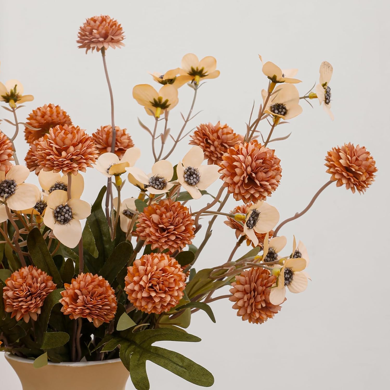 Faux Flowers for Vase,8 pcs Artificial Pom Pom Chrysanthemum Flowers with Wild Flowers,Spring Floral Stems Arrangements for Home Decor, Centerpieces for Tables, Rustic Decorations