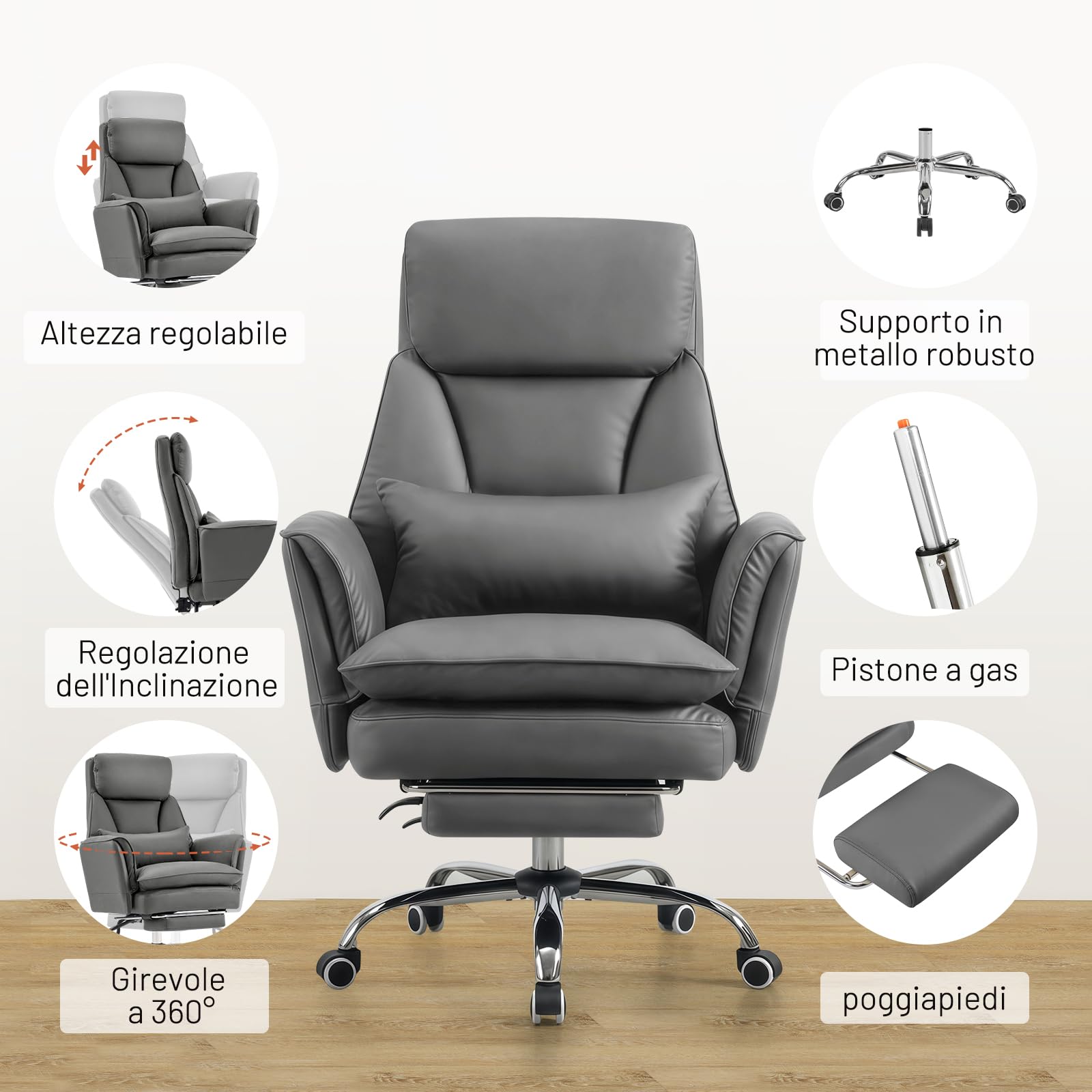 Sedia da Ufficio con Braccioli Regolabili a 5 Livelli, Poltrona Ufficio Ergonomica con Poggiapiedi, Sedia da Gioco in Pelle PU con Altezza Regolabile e Schienale Reclinabile 200kg, Grigio