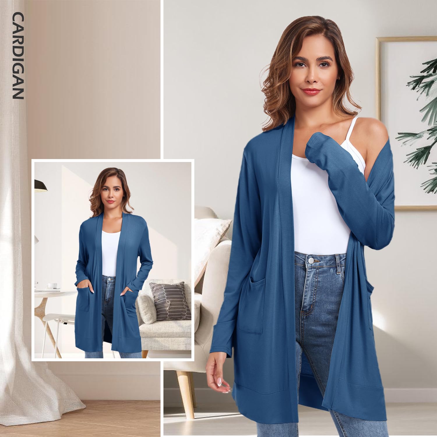 TownCat Cardigan Donna Lungo Casual Colore Solido Versatile a Maniche Lunghe Leggero con Tasca Comodo e Traspirante Elegante Aperto Cappotto Lungo