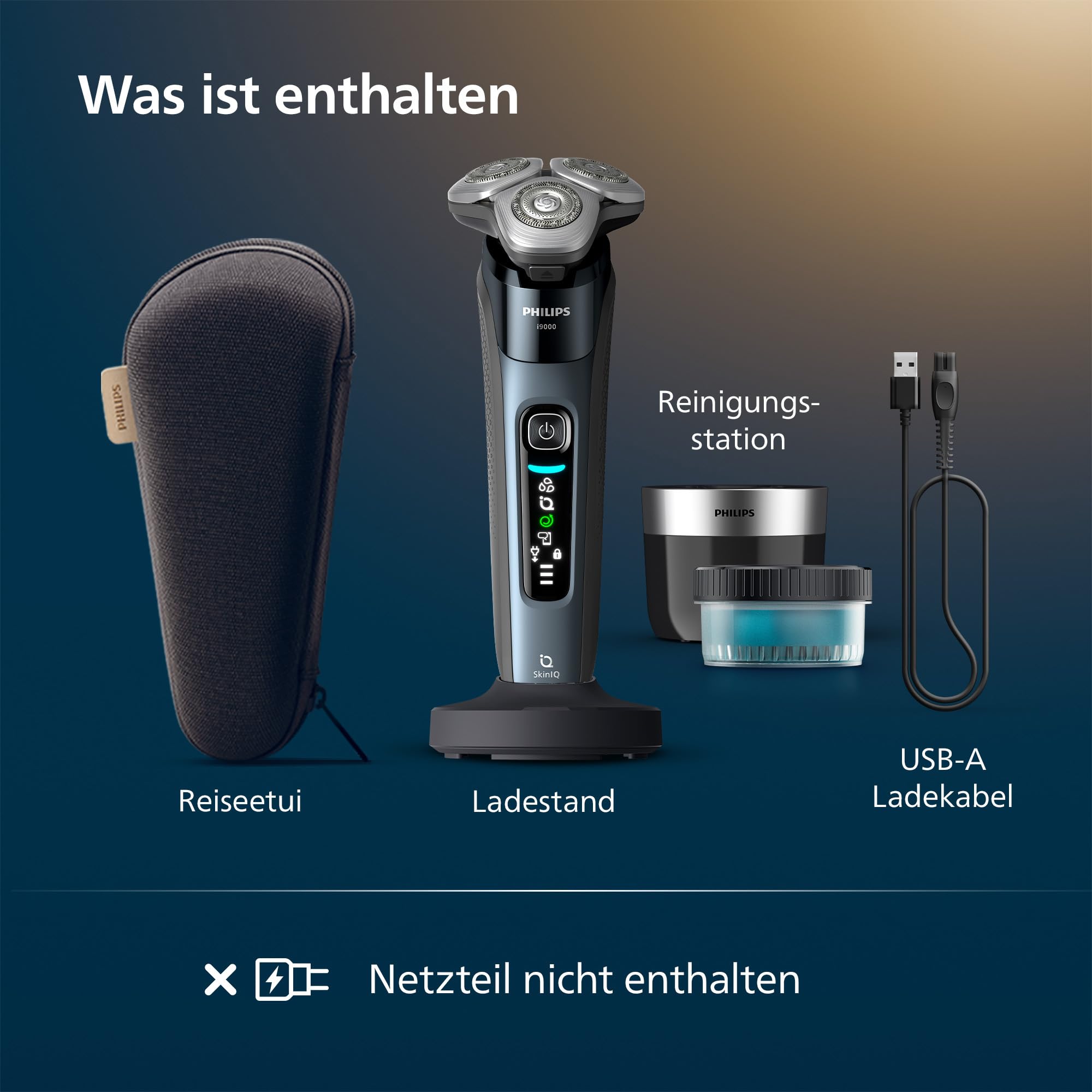 Philips Rasierer i9000, Elektrischer Nass-und Trockenrasierer für Herren mit integriertem Trimmer, taubenblau, Reinigungsstaion, Ladestation und Reiseetui (Modell X9001/30)