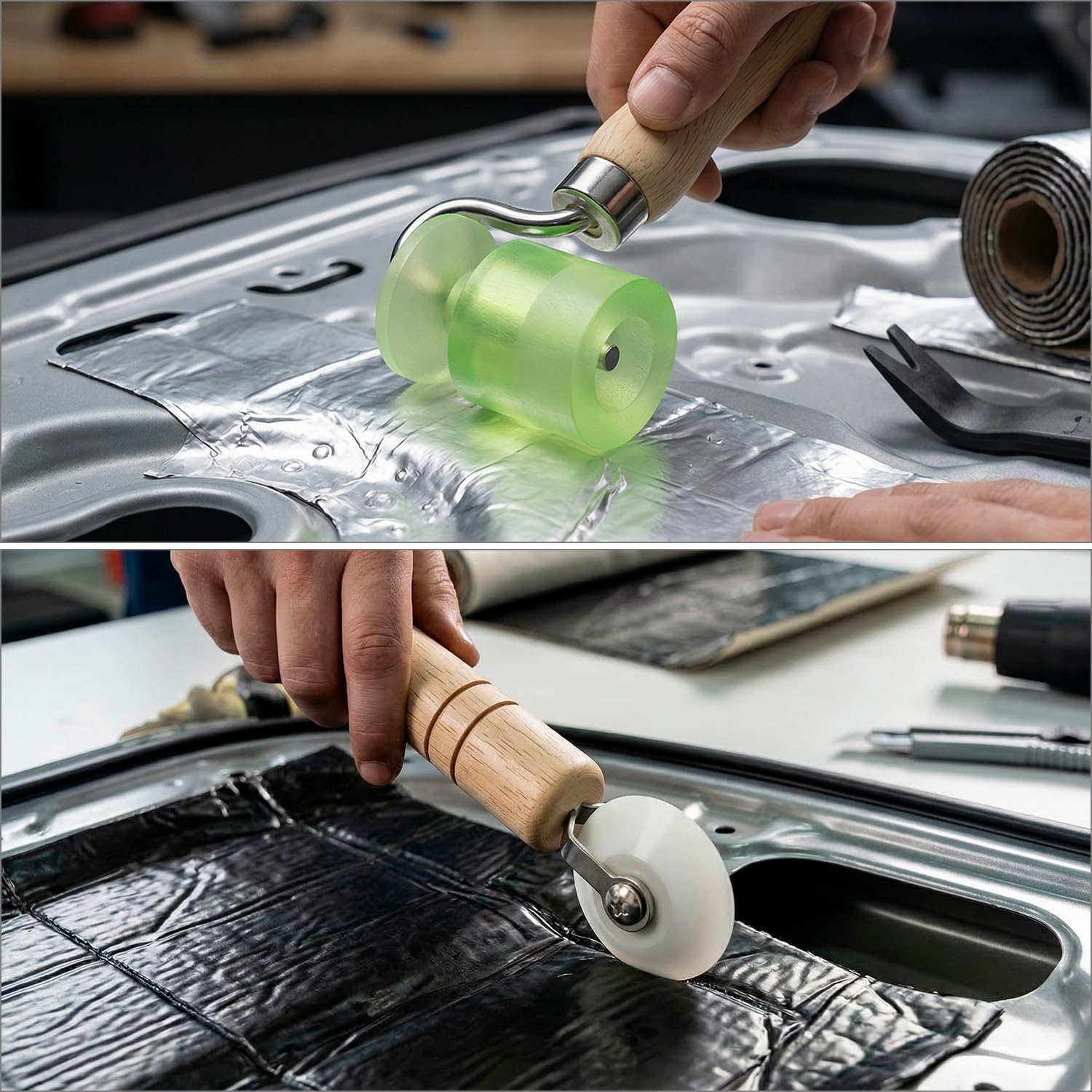 QWORK Seam Roller, Car Sound Deadening Roller, Dual 2-Head Metal Seam Tape Roller, 2" Flat & Edge Roller for RV Roofs & Automotive Soundproofing