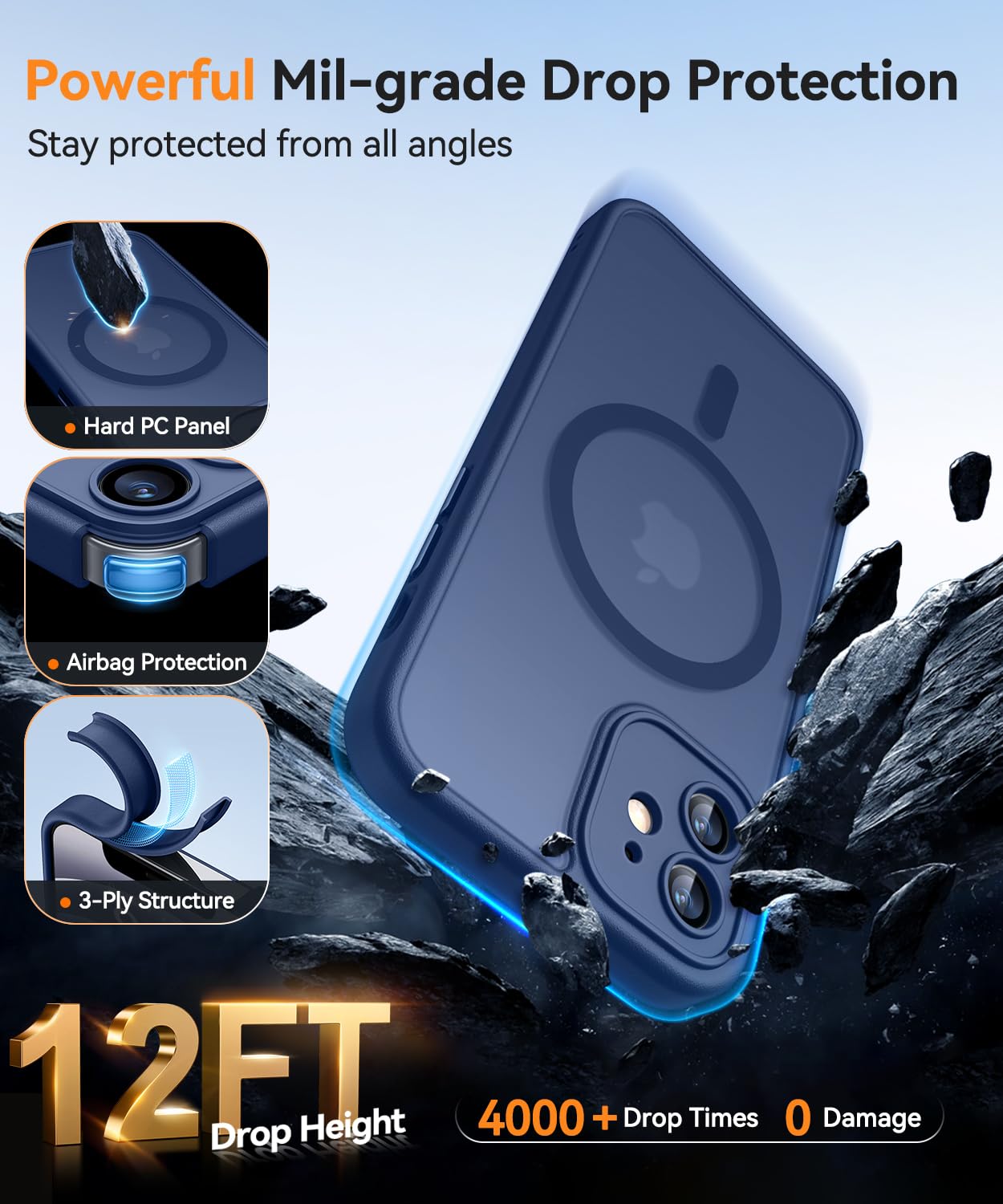 CANSHN Magnetica Cover per iPhone 12(6.1 Pollici), [Protezione Completa Della Fotocamera] Custodia Traslucida Opaca Protettiva Sottile Antiurto,Blu Profondo