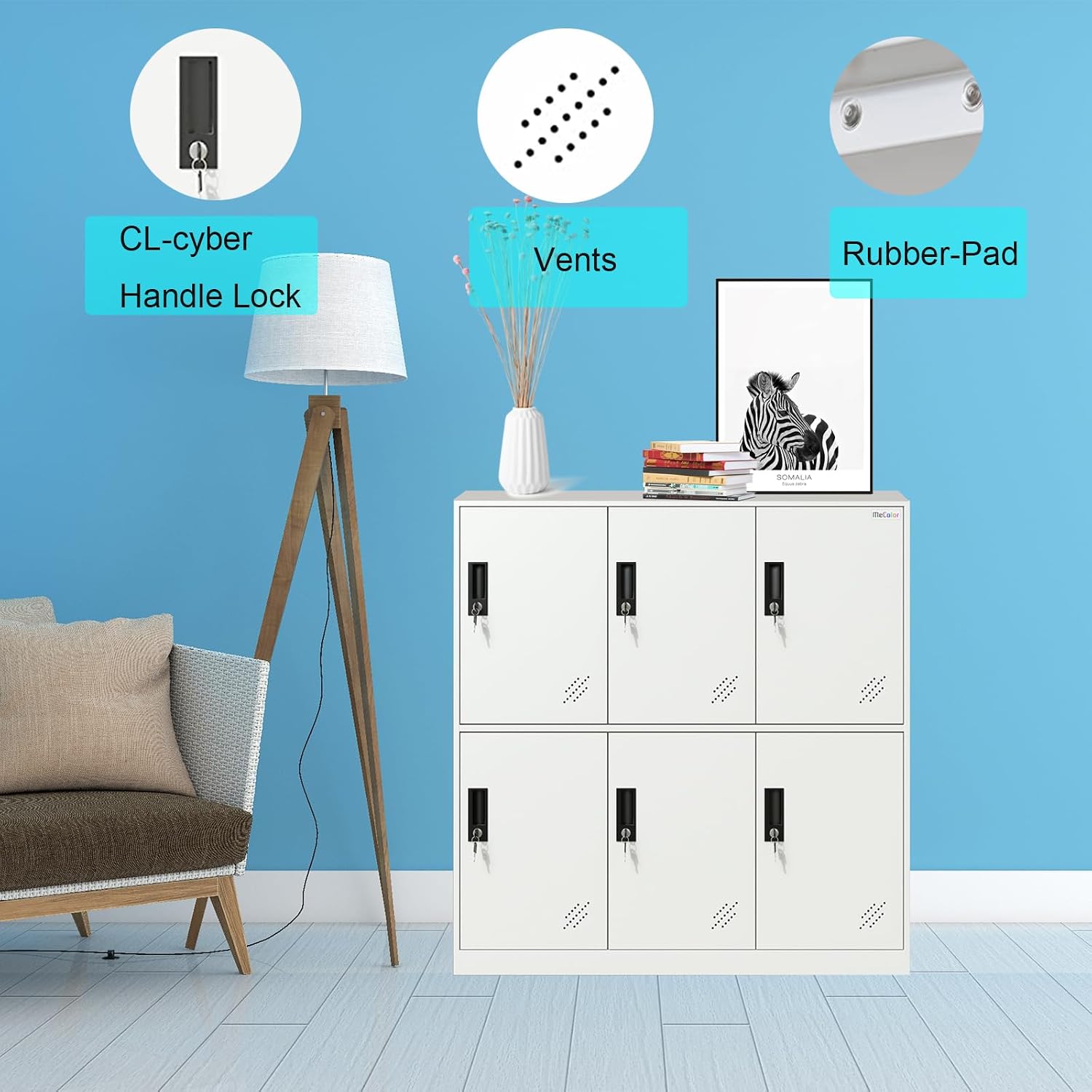 MECOLOR Metal Office School and Home Locker Cabinet for Student Employee Staff or Workers Small Size Stackable with 6 Doors White Color (6D-FWH)