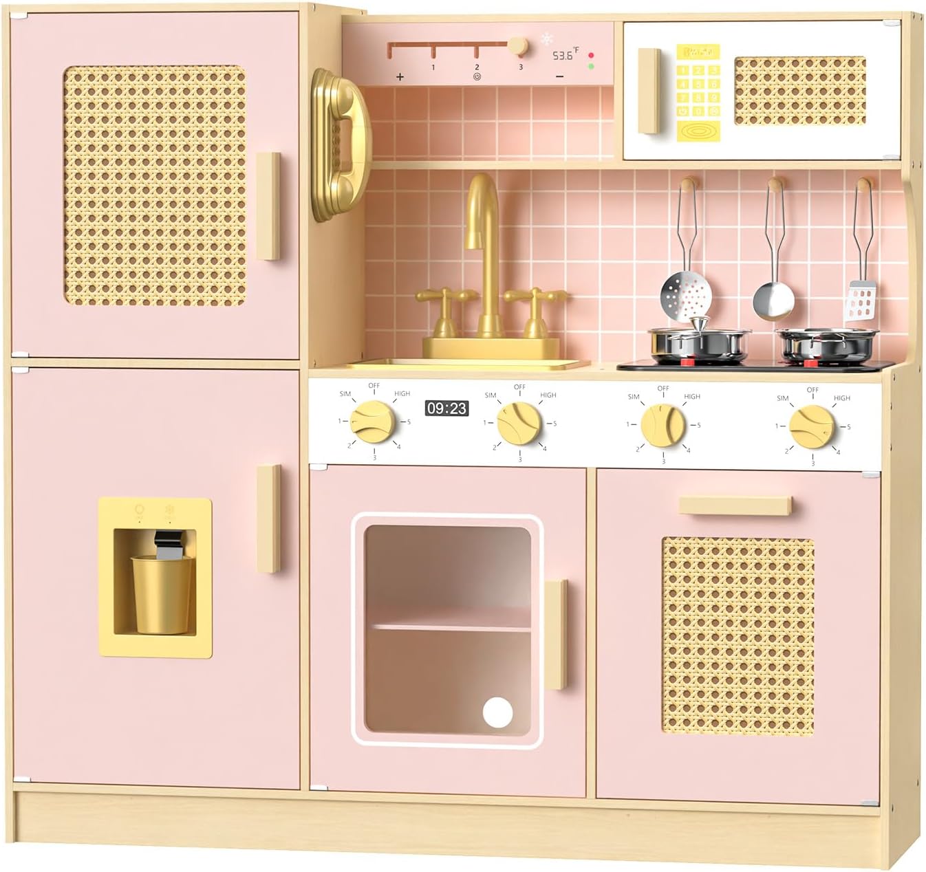 Babytronic Wooden Kitchen Playset for Kids - Pink Pretend Play Kitchen with Lights & Sounds, Retro Style Toy Kitchen for Toddlers Ages 3+, Wooden Play Kitchen Set with Realistic Design (Pink)
