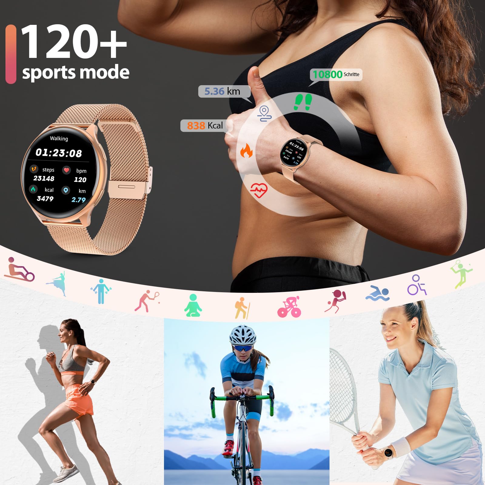 QEYUMYEU 2025 Smartwatch Donna con ET/HRV/SIRI - 1.39" TFT Orologio con Chiamate, 24H Sonno Cardiofrequenzimetro, SpO2, Ciclo Mestruale, IP68, Monitoraggio Fitness, per Android & iOS (Oro rosa)