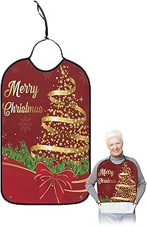 BOBOWUNY Christmas Tree Adult Bibs for Elder Women Men Eating, Golden Star Xmas Tree Winter Snowflake Waterproof & Washable Bibs for Eating Clothing Protector Dining Bibs for Crumb Catcher