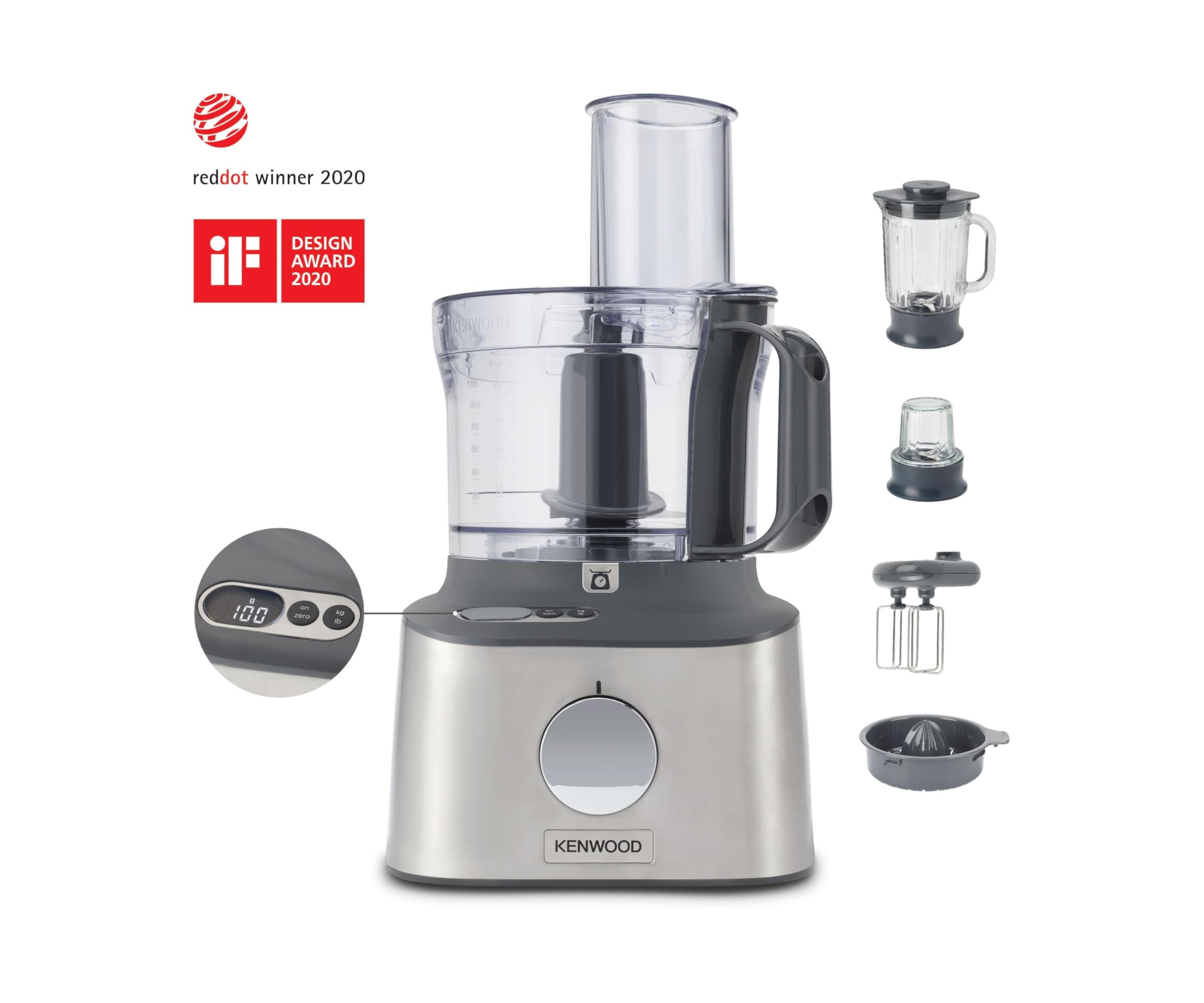 Kenwood Multipro Compact Procesador Robot de Cocina, Bol de 1,2L, Batidora de Vaso de 1,2L, Gancho para Amasar, Varillas, Discos para Cortar y Rallar, Molinillo de Especias, 800 W, FDM313S, Plata