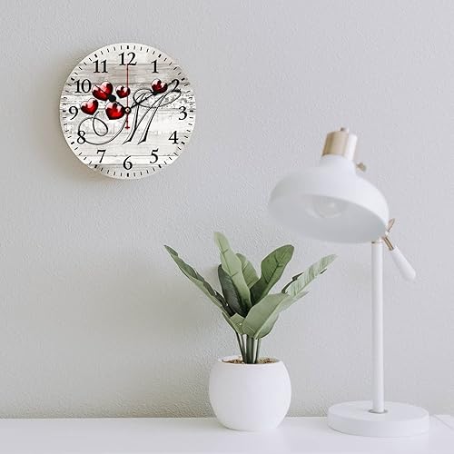 Miniatura 6 de Reloj de madera con monograma de corazón rojo, letra M, letra M, corazón floral, monograma, letra de interior, funciona con pilas, silencioso, sin