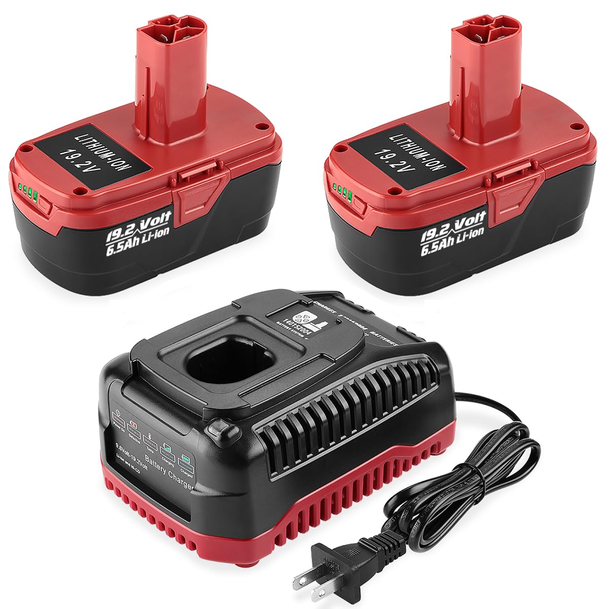 2Pack 6.5Ah C3 Lithium Battery Replace for Craftsman 19.2 Volt Battery + Craftsman 19.2V Charger for XCP 130279005 1323903 130211004