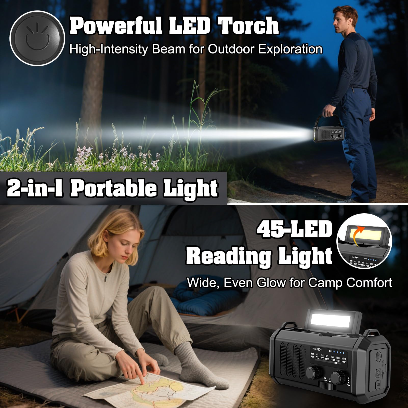 Wind Up Radio, Solar & Hand Crank Emergency Radio with 10,000mAh Power Bank, AM/FM Portable Radio, LED Torch, Reading Lamp, SOS Alarm & 5V USB Output for Outdoor, Camping, Hiking - 4