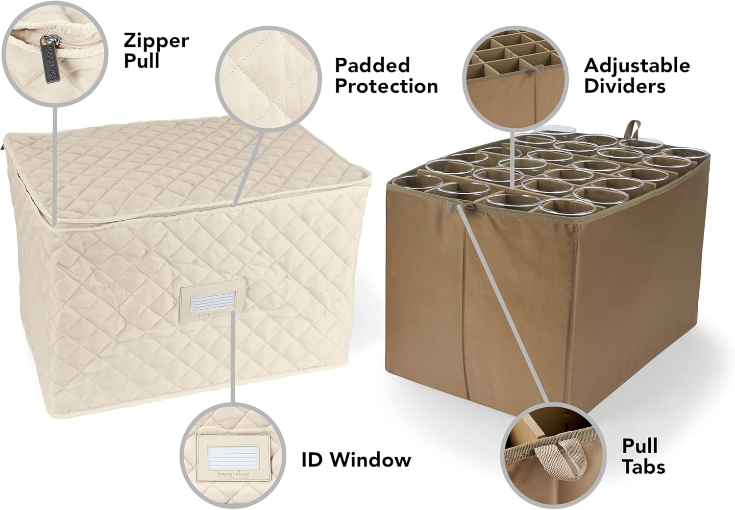 Covermates Keepsakes - Adjustable Glassware Storage - Padded Protection - ID Window - Stain Resistant - Machine Washable - China Storage, Cream