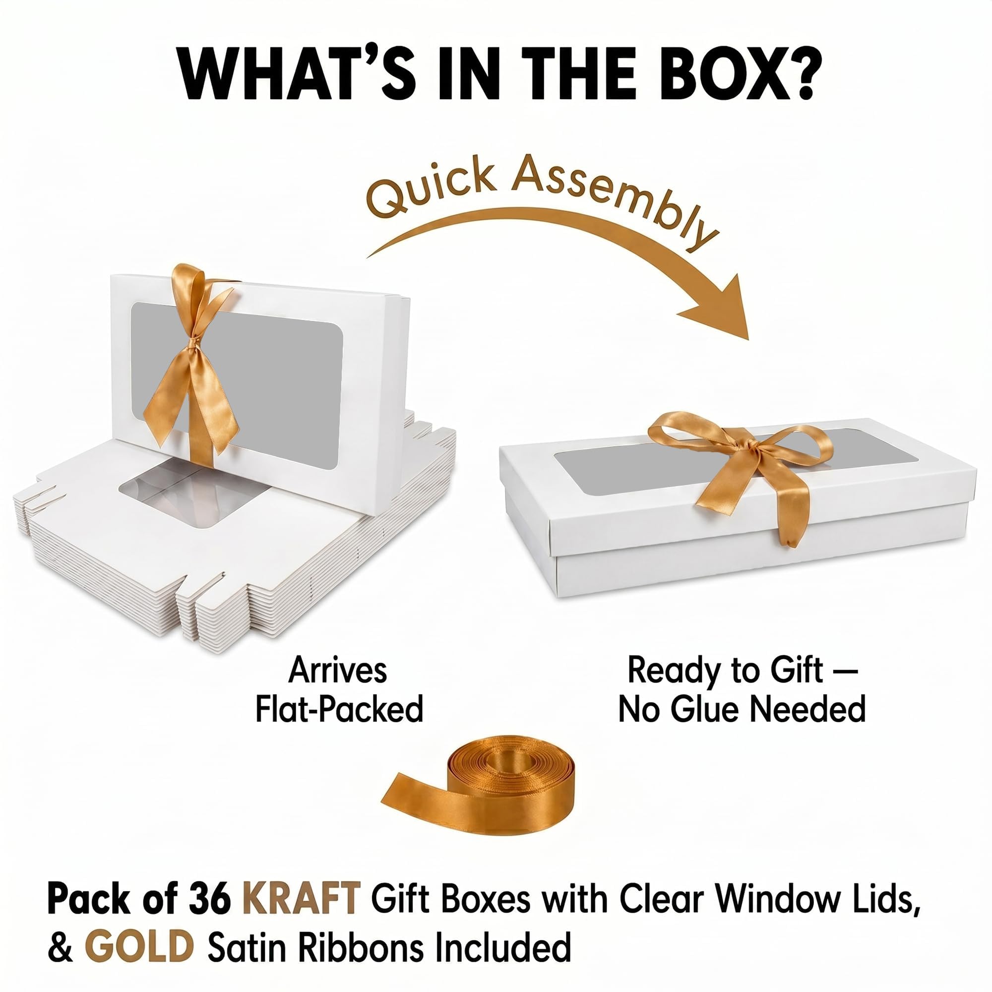 Emartbuy 36 Stück weiße Geschenkboxen Klarsichtfenster klein schmal 21x12,5x2,5cm | Mit goldfarbenem Satinband, recycelbare Kraft-Geschenkbox für Geschenkkörbe, Leckereien, Hochzeiten und Gastgeschenke