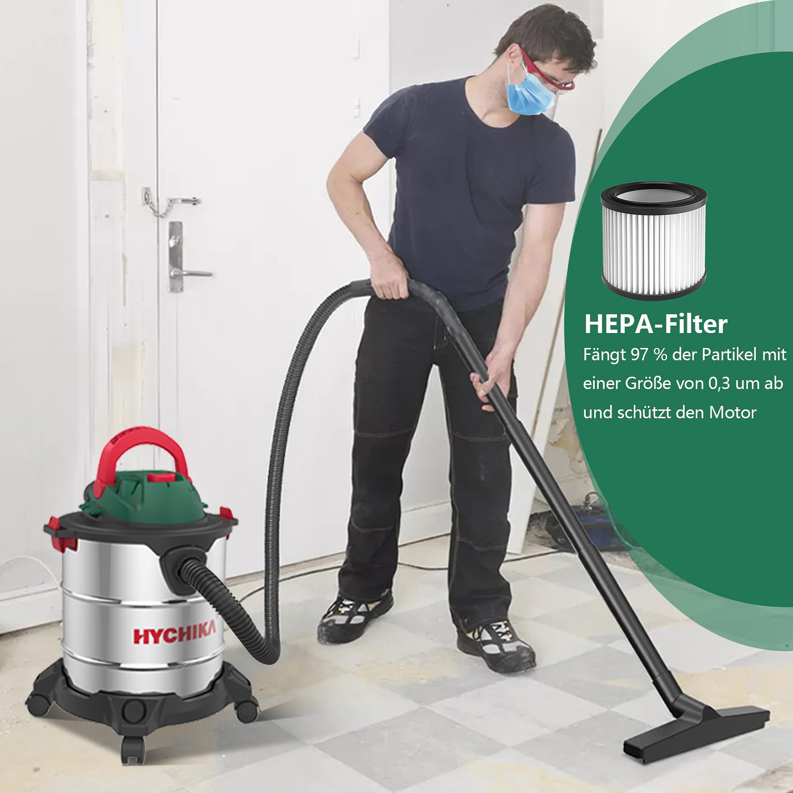 HYCHIKA Nass Trockensauger, 1200W Industriestaubsauger 20L Edelstahlbehälter, Nass- & Trockensauger Blasen, mit HEPA-Filter und Zubehör ideal für Industrie und Haushalt