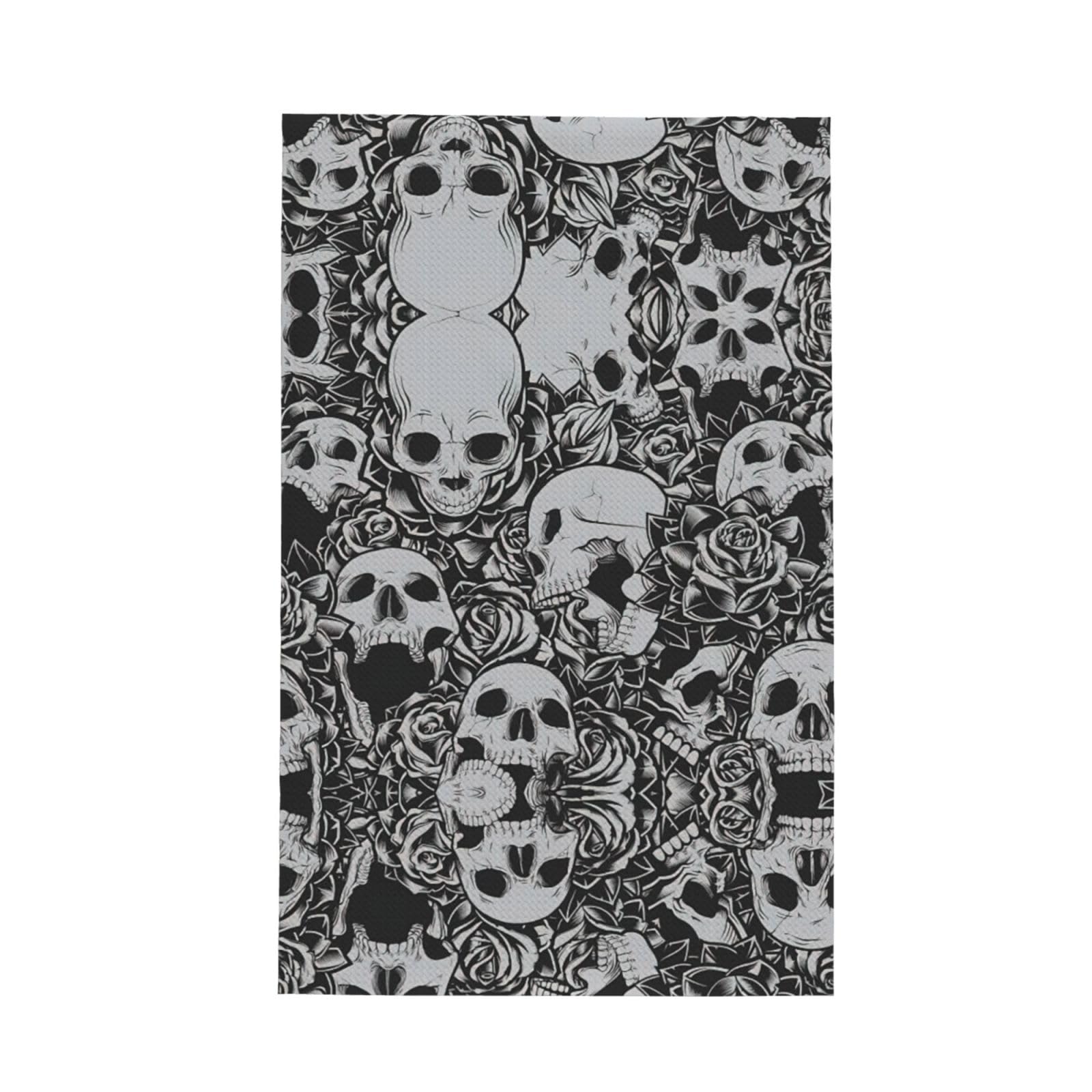 XXahnbm Horrible Dark Skulls Flowers Pattern Print Waffle Kitchen Towel,Absorbent Hand Towel