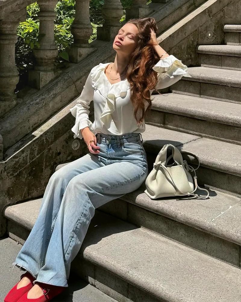 DAISYSILK Women’s Silk Ruffle Blouse, Stretch Silk Charmeuse Long Sleeve V Neck White Work Top - Image 6