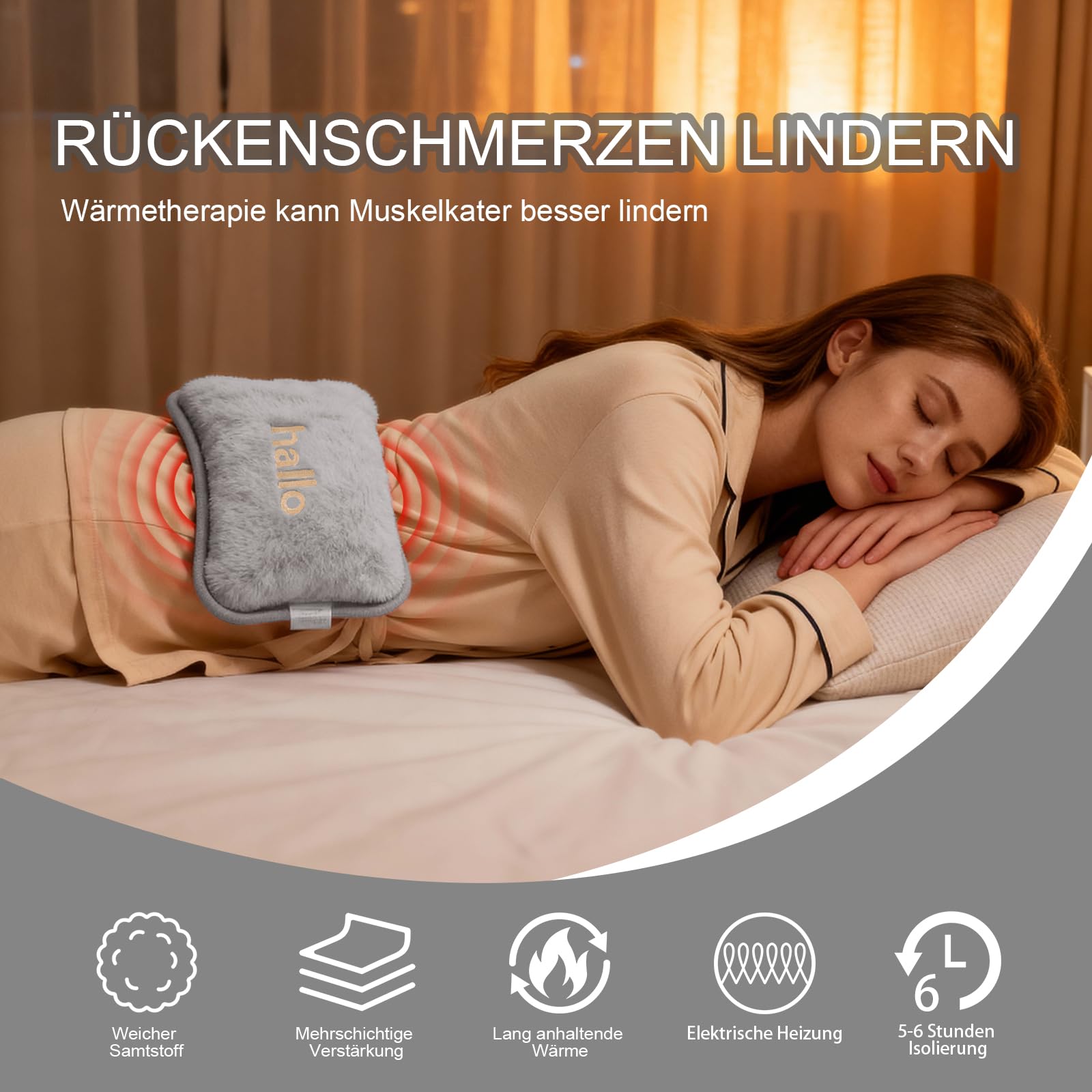 Wärmflasche Elektrisch,Tragbare Elektrische Wärmflasche Mit Weichem Bezug,Elektrische Wärmflasche Wohltuende Wärme an Rücken,Bauch, Nacken (Grau)