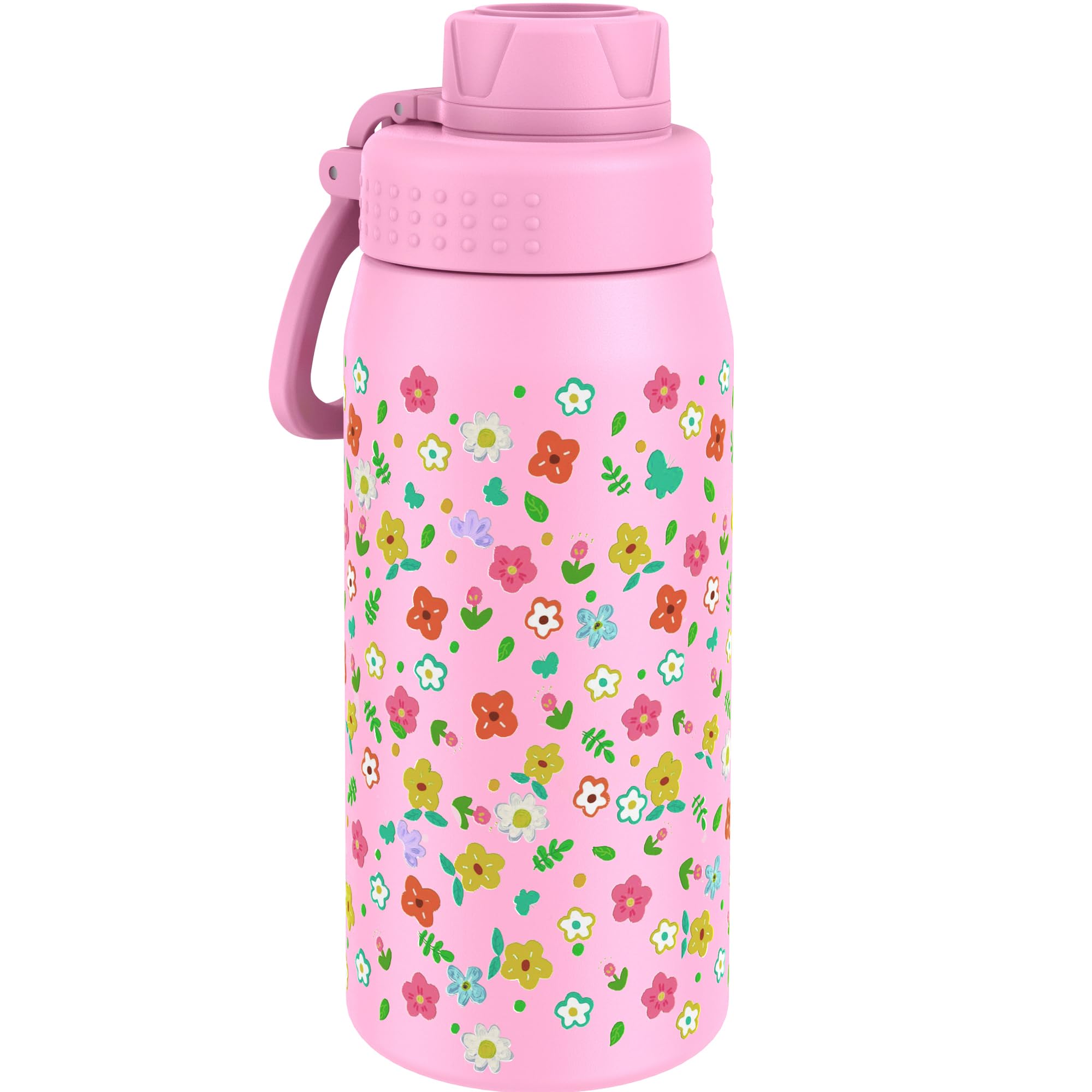 GOPPUS 550ml/19oz Kids Insulated Water Bottle with Screw Lid (No Straw) Stainless Steel Toddler Bottle School Flask Girls Boys Drinks Cup with Handle & Leakproof & Keep Drinks Cold (Pink Flower) — image 1