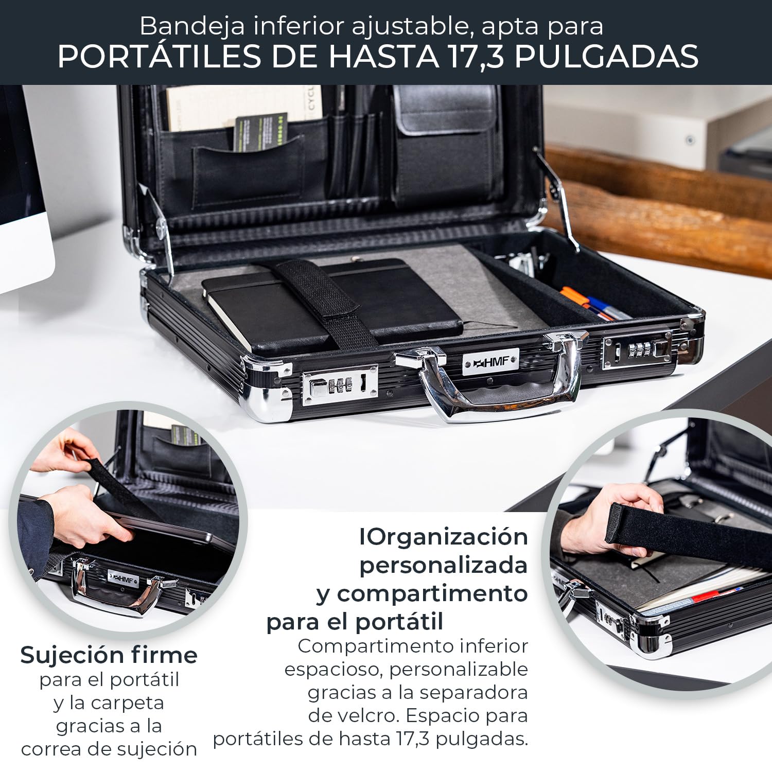 HMF Maletín de aluminio para portátil hasta 17,3 pulgadas, Maletín de negocios con cerradura de combinación, compartimento acolchado y organizador | 45 x 33 x 11 cm | Negro