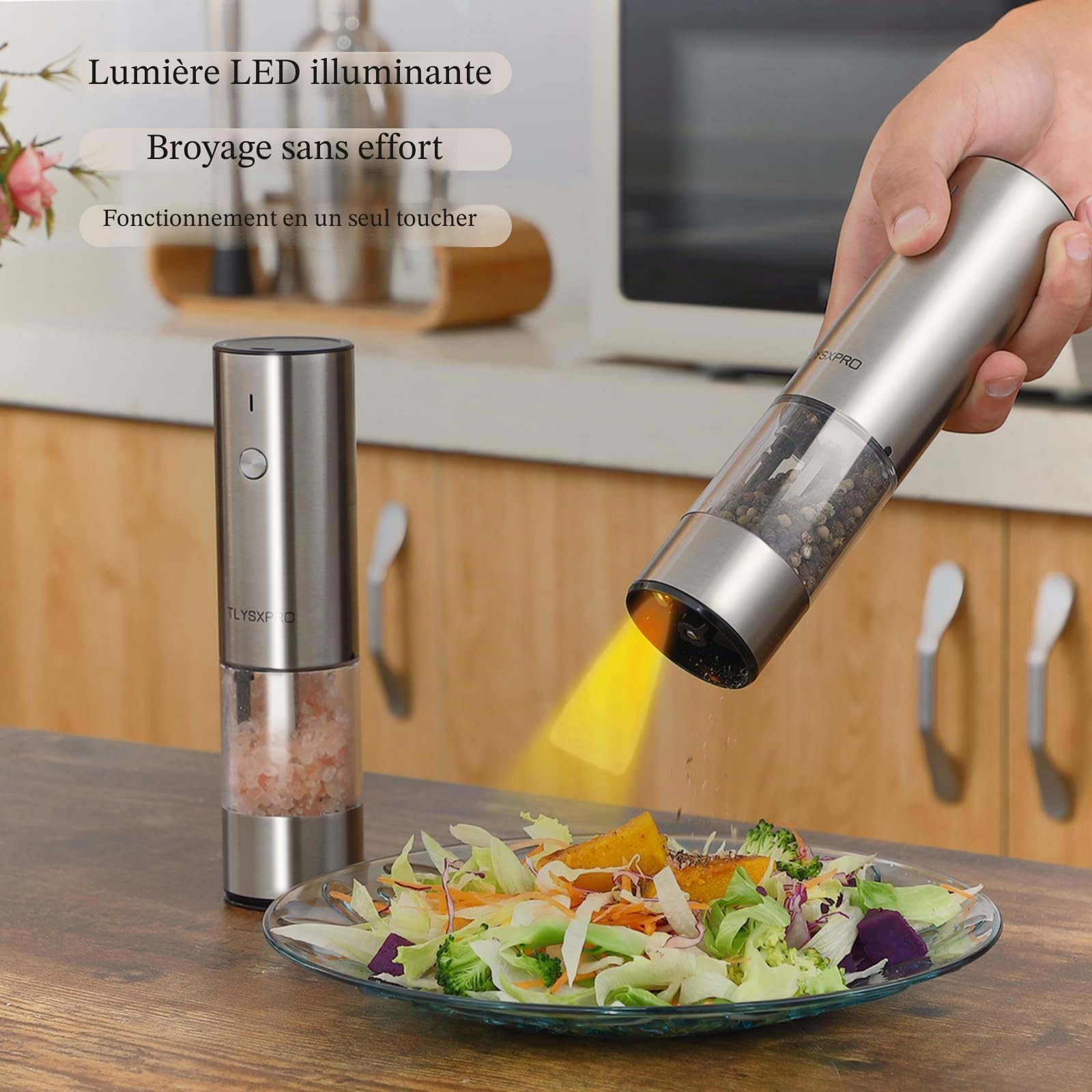 TLYSXPRO Moulin à Sel et Poivre Électrique, Ensemble de 2, Rechargeable par USB, Mouture Réglable, Moulin à Poivre Électrique avec Lumière LED, Brosse de Nettoyage, Acier Inoxydable