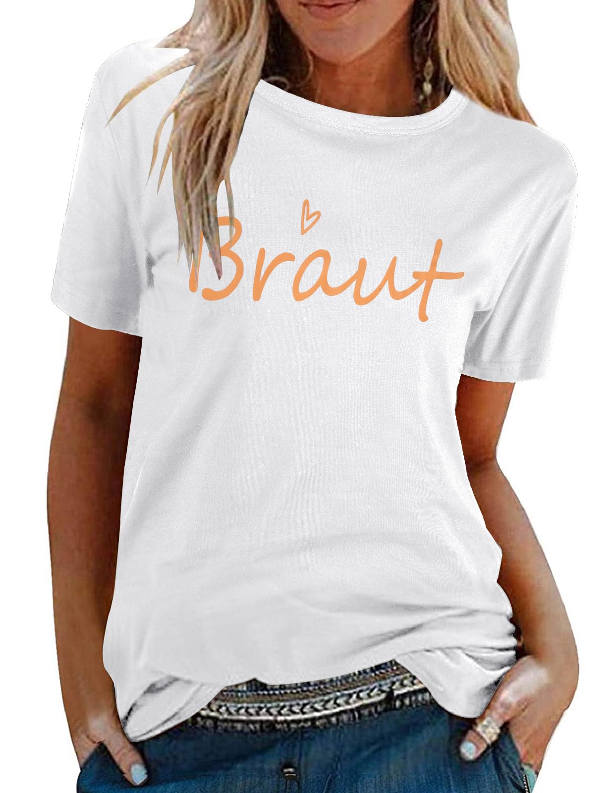 Tuopuda T-Shirt Team Braut Damen Junggesellenabschied Frauen T-Shirts JGA Shirt Oberteile Weiß Brautjungfer Single-Party Basic Tops, Weiß-Braut, L