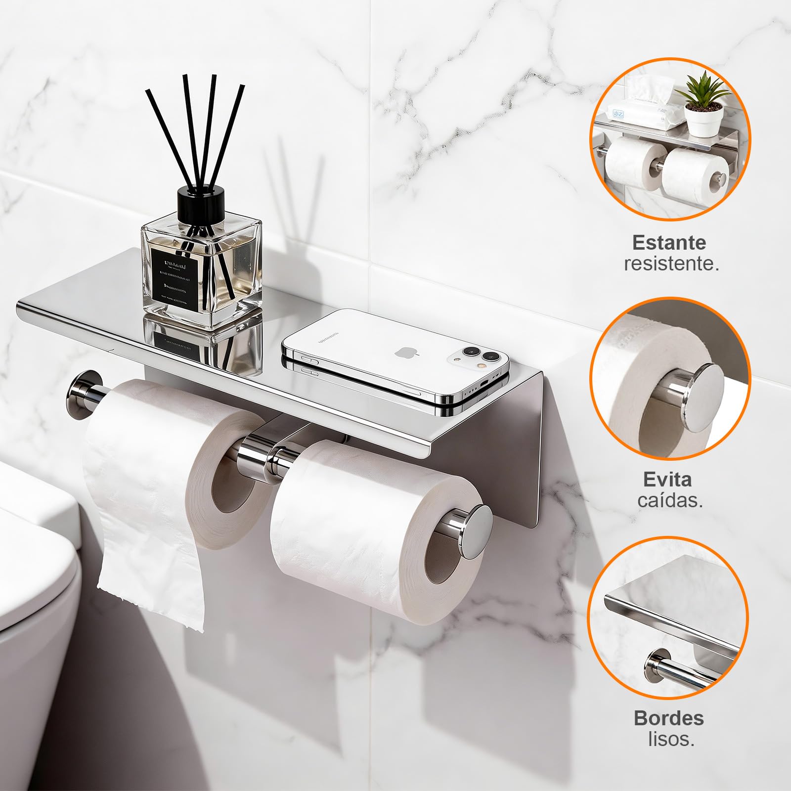 Ibergrif Portarrollos de Papel Higiénico Doble con Estante, Soporte Papel Higiénico de Acero Inoxidable para Pared, Instalación Adhesiva o con Taladro, Portarrollos para Baño o Cocina, Plata