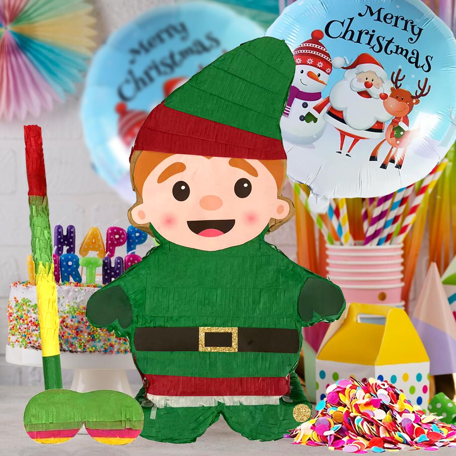 Elf Pinatas,Whimsical Christmas Decorations for Themed Celebrations and Holiday Party Games Includes Busterstick, Blindfold, Confetti and 2 Merry Chirstmas Ballons