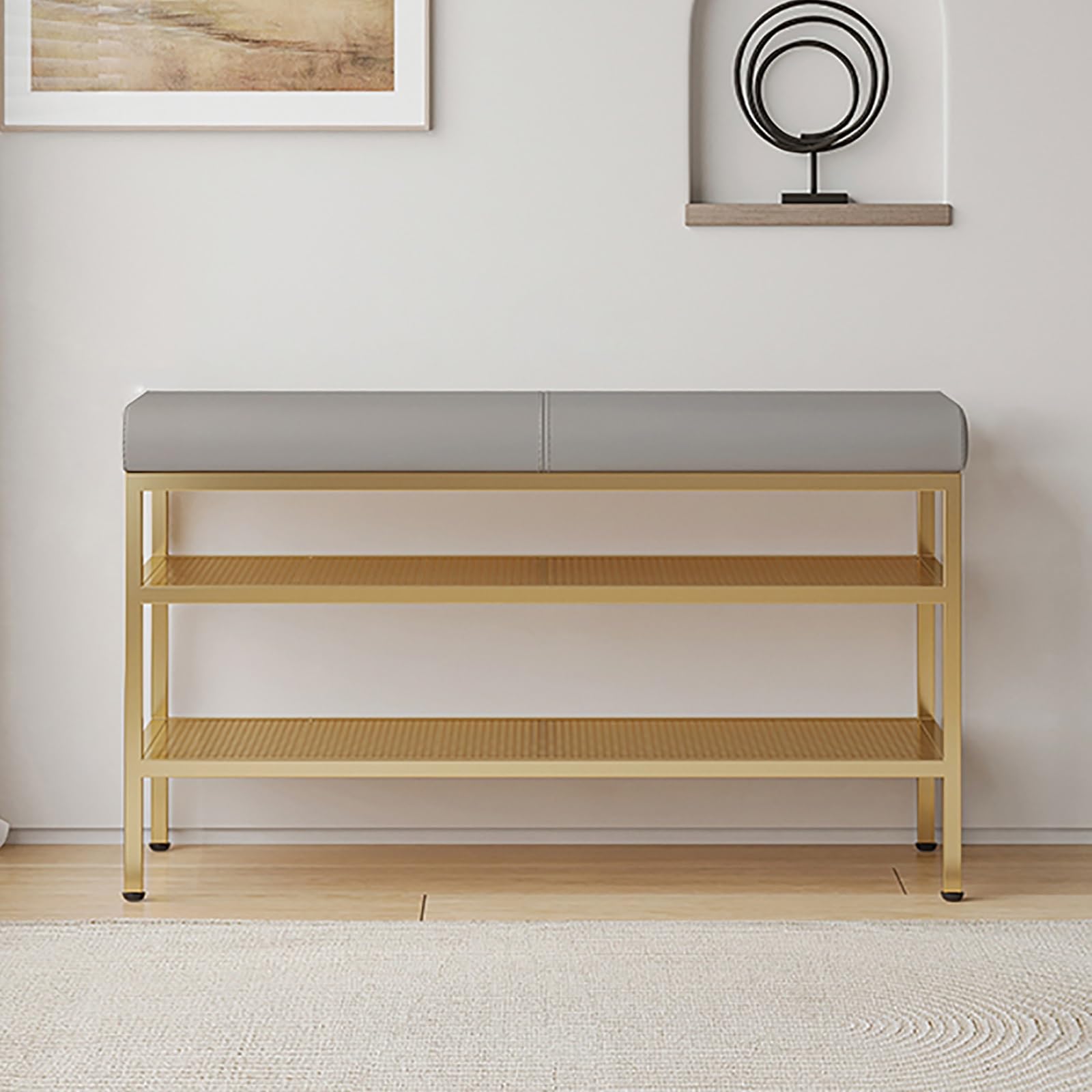 WJFTODAY Gray Shoe Bench with Cushion Entryway Storage Seat for 6 10 Pairs Metal Shoe Rack and Stylish Hallway Furniture 23.6in Length
