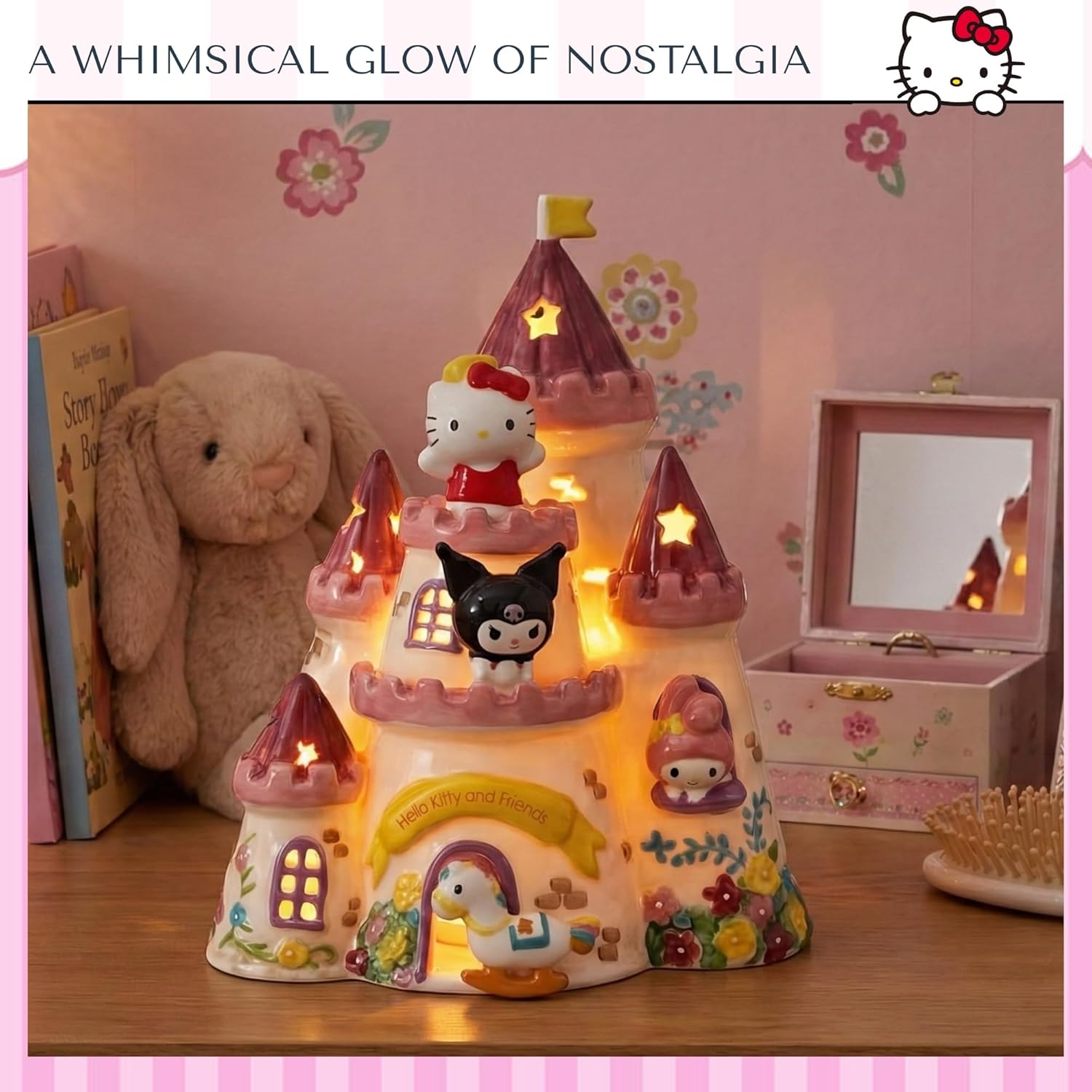 Blue Sky Clayworks Hello Kitty & Friends Castle Candle House, Ceramic, 7" L x 6" W x 8" H, Fairytale Window Glow