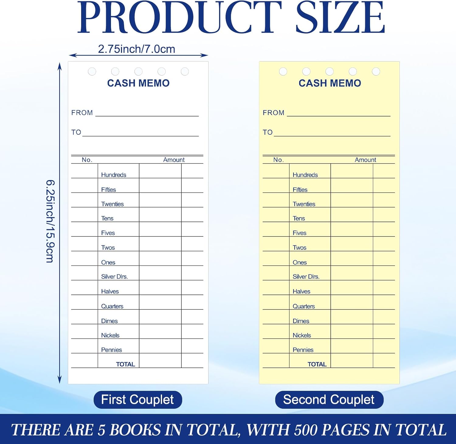 Eaasty 500 Sheet 2-Part Carbonless Cash Memo Pads - 2.75" x 6.25" Cash Transfer Receipt Pad with Stub, White & Canary Duplicated Pages for Record Keeping Bank Currency Coin Transaction Deposit Form