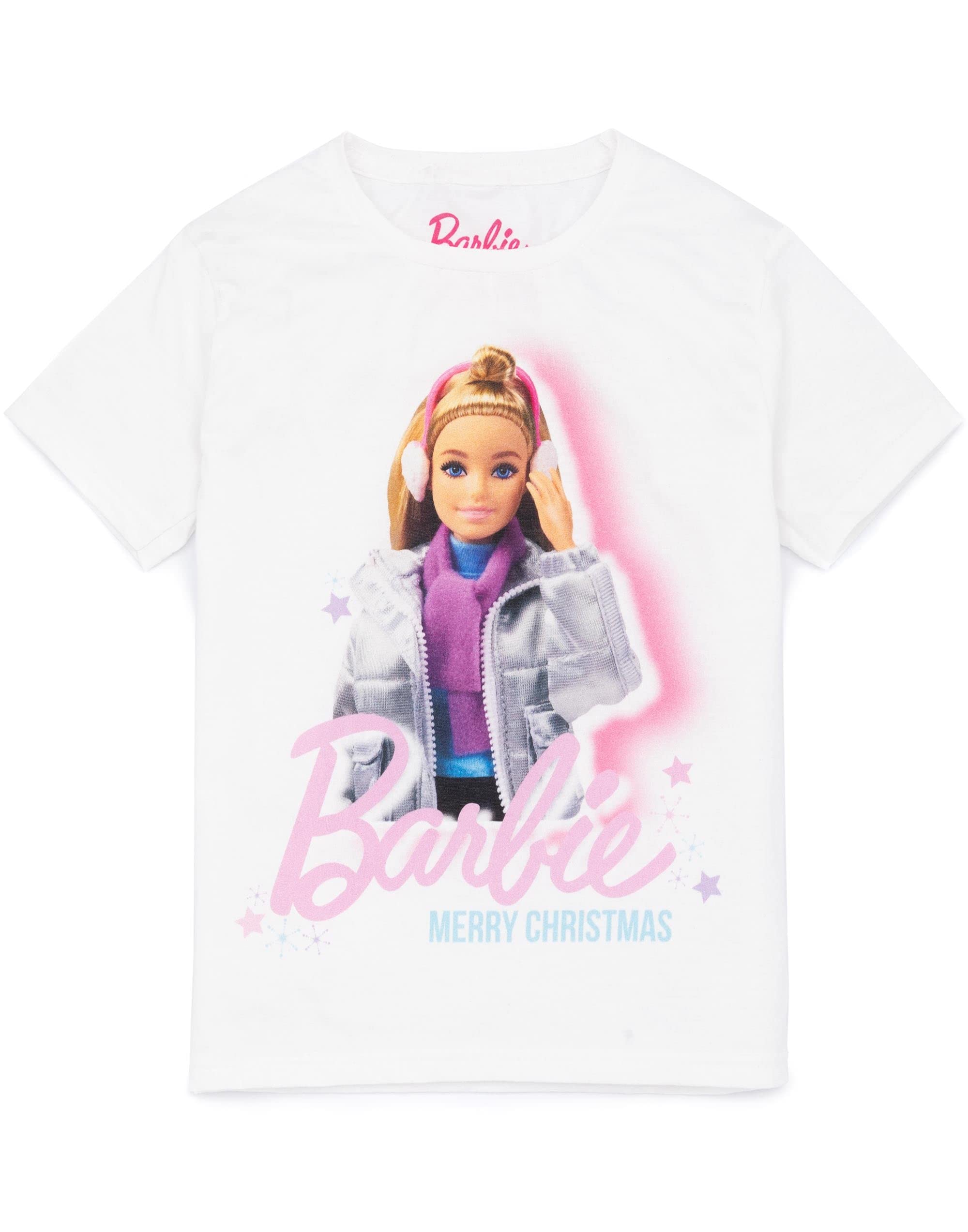 Barbie Girls T-Shirt in White | Merry Christmas Graphic Tee for Children | Cute Seasonal Winter Fashion Short Sleeve Lightweight Top | Festive Holiday Fun Cute Merchandise Gift for Her