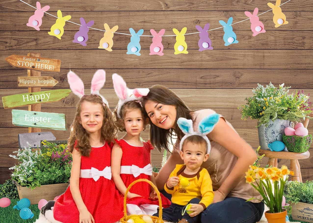 INRUI Happy Easter Photography Backdrop Rabbit Eggs Wooden Wall Flowers Grass Baby Shower Party Decorations Banner (10x8FT)