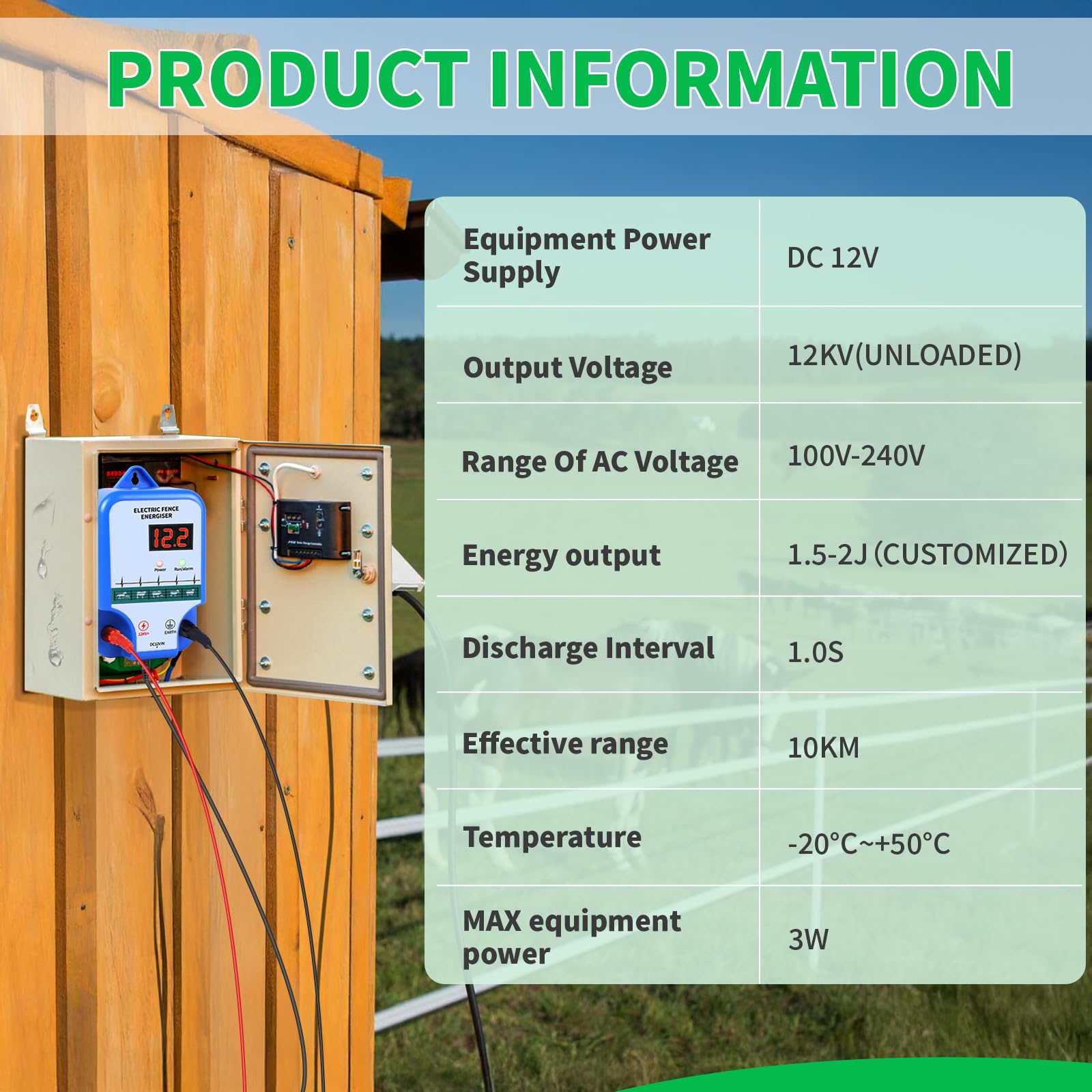 SWAWIS Weidezaungerät 12V mit LED Anzeige Elektrozaun 10km Reichweite Weidezaun für Hunde Hühner Pferde Ochse Schaf Schwein Geflügel,Vieh,Steuergerät zum Schutz von Gärten,Blau