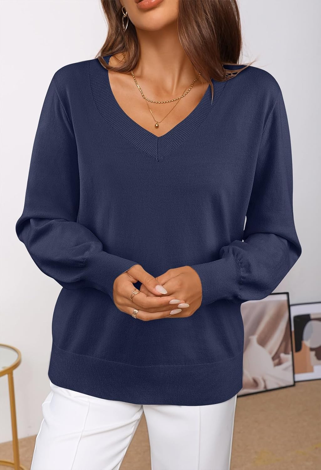 MEROKEETY Women's 2025 Fall Long Sleeve Sweater V Neck Winter Tops Casual Lightweight Knit Pullover Shirts - Image 3