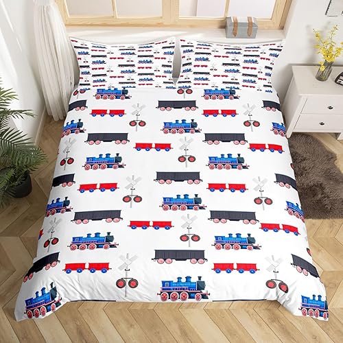 Erosebridal Juego de funda de edredón de tren de dibujos animados para niños, color rojo y azul, funda de edredón de vehículos para niños, Color