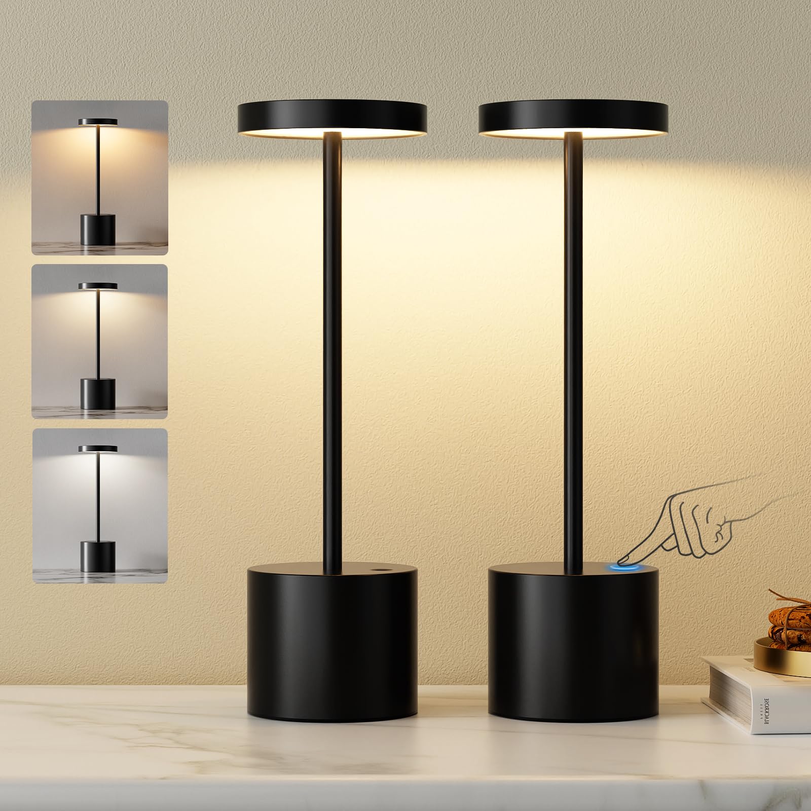 Lampada da tavolo senza fili, Lampada LED da tavolo ricaricabile, 3 Modalità di Colore, Lampada da tavolo LED per sala da pranzo, camera da letto, bar, caffè, ristorante, patio, set da 2 - Nero