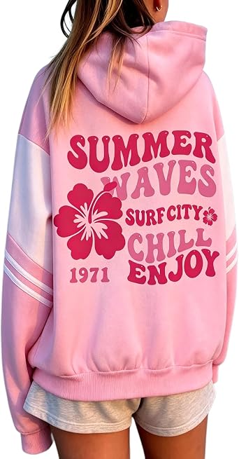 CHAIRAY Floral Hoodie for Women Cute Pink Hawaii Flowers Preppy Pullover
