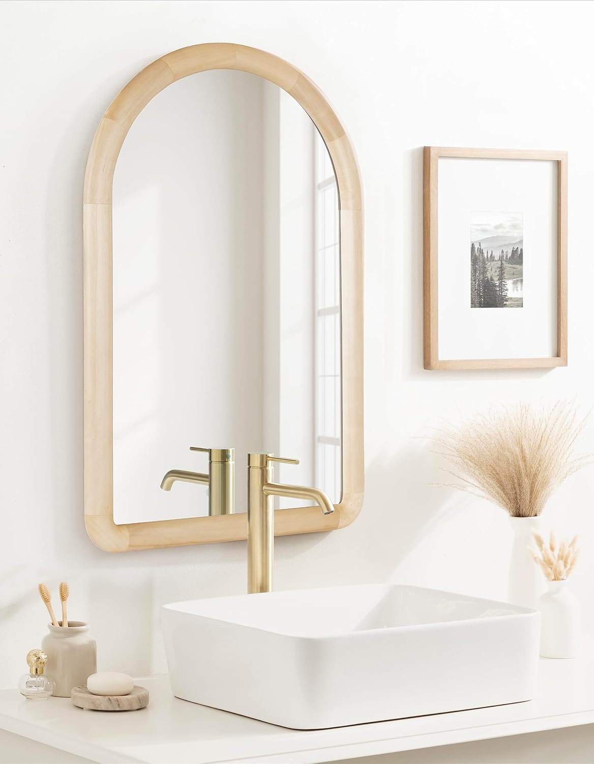 Kate and Laurel Dessa Modern Arched Wooden Wall Mirror; 24 x 36; Natural; Contemporary Bathroom Vanity Mirror with Chunky Rounded Profile and Solid Poplar Wood Frame