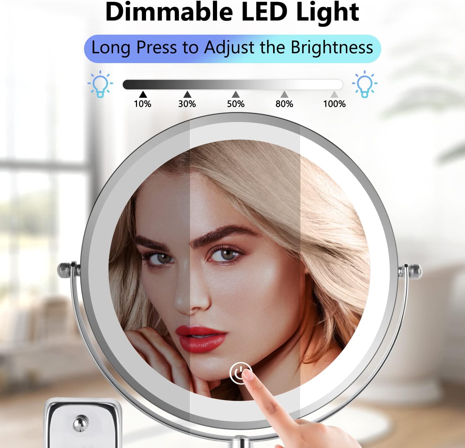 ALHAKIN 8" Rechargeable Wall Mounted Makup Mirror, 10x Magnifying Mirror with Light, Double-Sided Dimmable Mirror with 3 Color LED Lights Extended Mirror for Bathroom Shaving