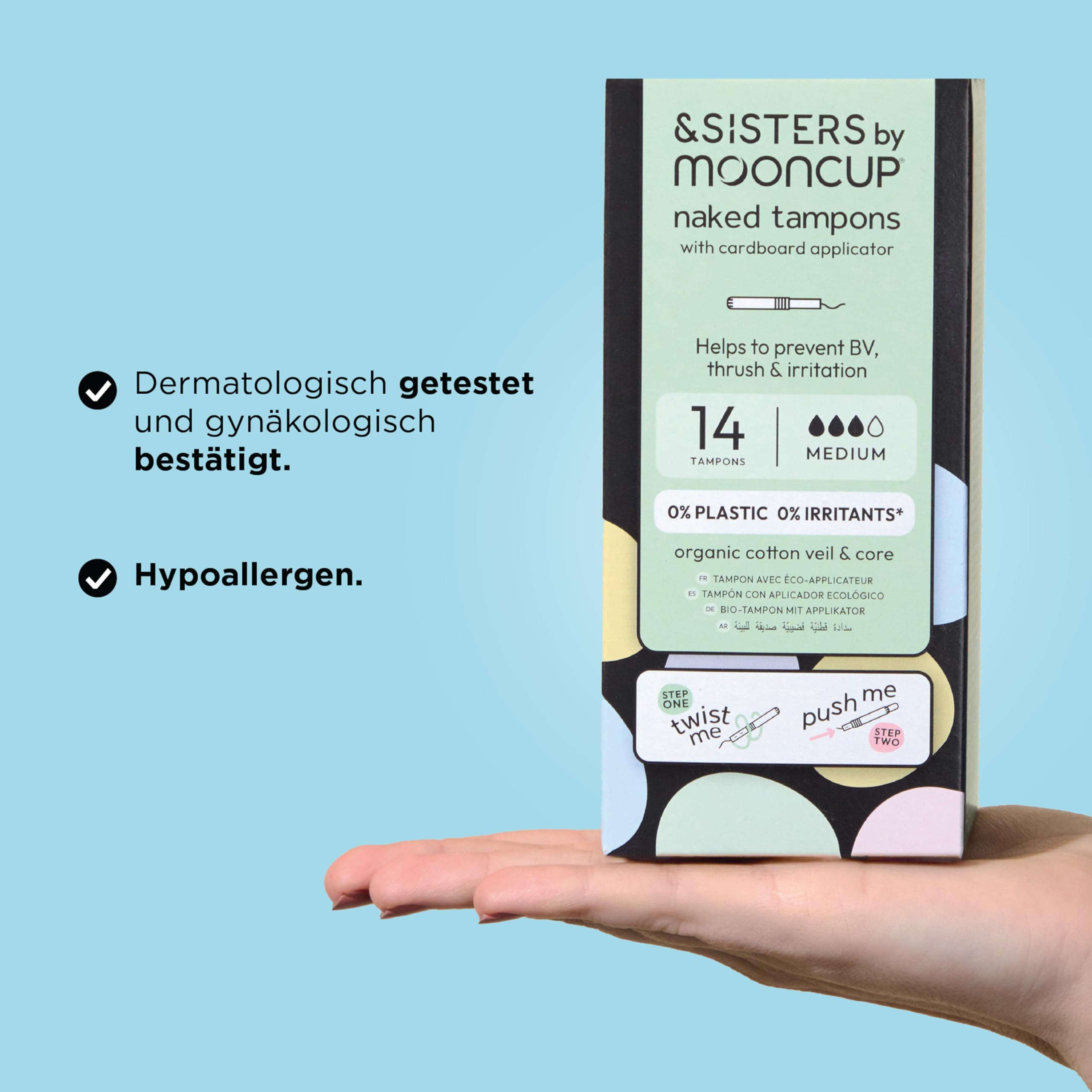 &SISTERS® Mooncup Tampons mit Karton-Applikator, mittlere/superstarke Durchflussrate, Bio-Baumwolle, 168 Tampons