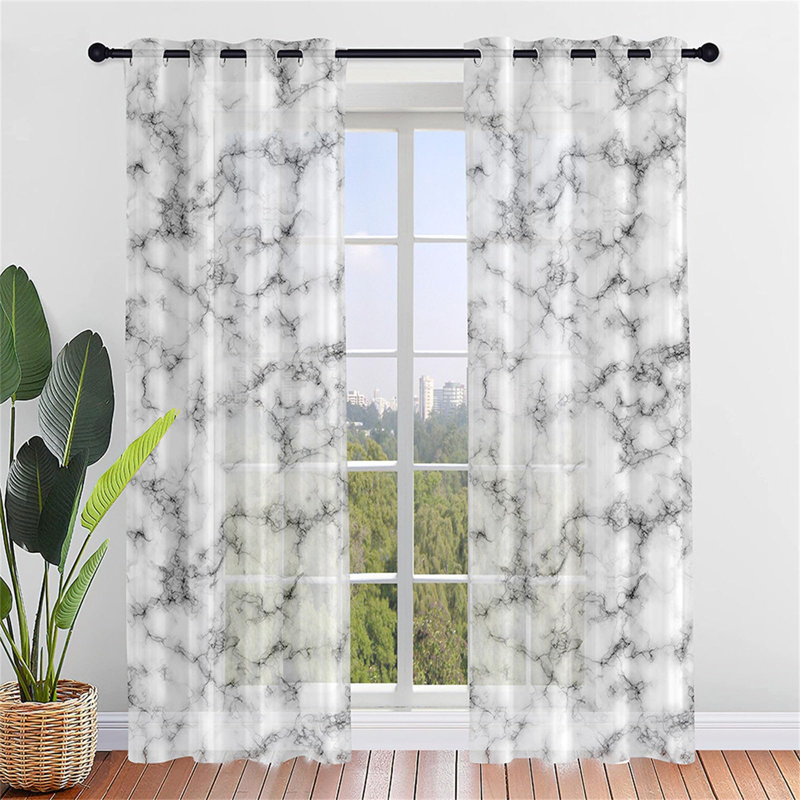 Odot Cortinas de Translucidas Salon, Estampado Mármol 3D Cortinas de Visillo para Ventanas 2 Piezas Cortina Ventana con Ojales Cortina Moderna para Dormitorio Comedor (132x160cm,Negro Blanco)