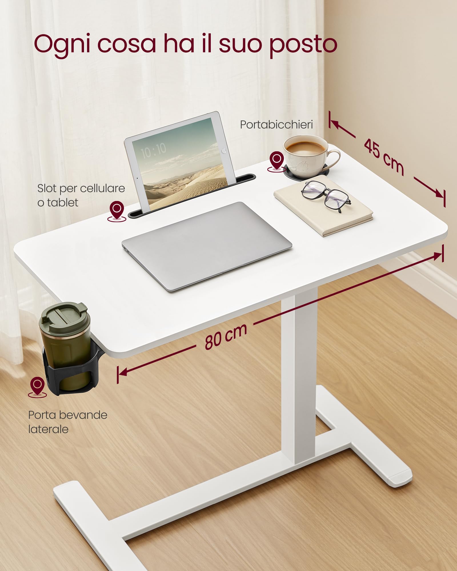 VASAGLE Scrivania con Ruote, Tavolino con Rotelle, Piano 80 x 45 cm, Regolabile in Altezza, 2 Portabicchieri, Slot per Cellulare o Tablet, Bianco Nuvola LSD601W01 | Tavolino con Rotelle, 2 Portabicchieri, Slot per Cellulare o Tablet, Bianco, Collezione BA