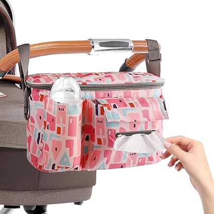 Aohcae Baby Stroller Organizer, Stroller Caddy with 3 Cup Holders 1 Zipper Pockets Baby Stroller Organizer Bag for Bottle, Diaper, Phone, Toys, Baby Items Universal Stroller Accessories